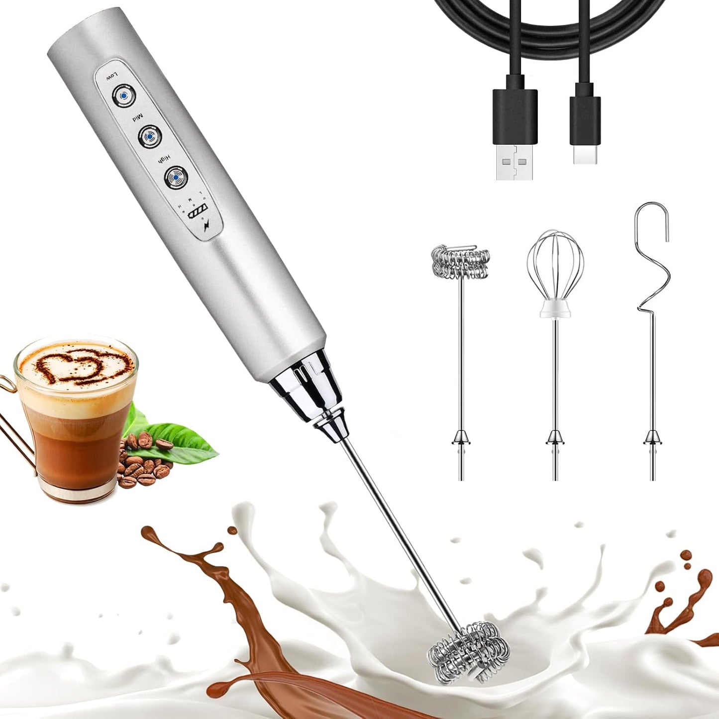 Nahida Silver Milk Frother Wand for Coffee, Frother Handheld Rechargeable Electric Whisk with 3 Heads 3 Speeds Drink Mixer Coffee Frother Foam Maker For Latte, Cappuccino, Hot Chocolate, Egg