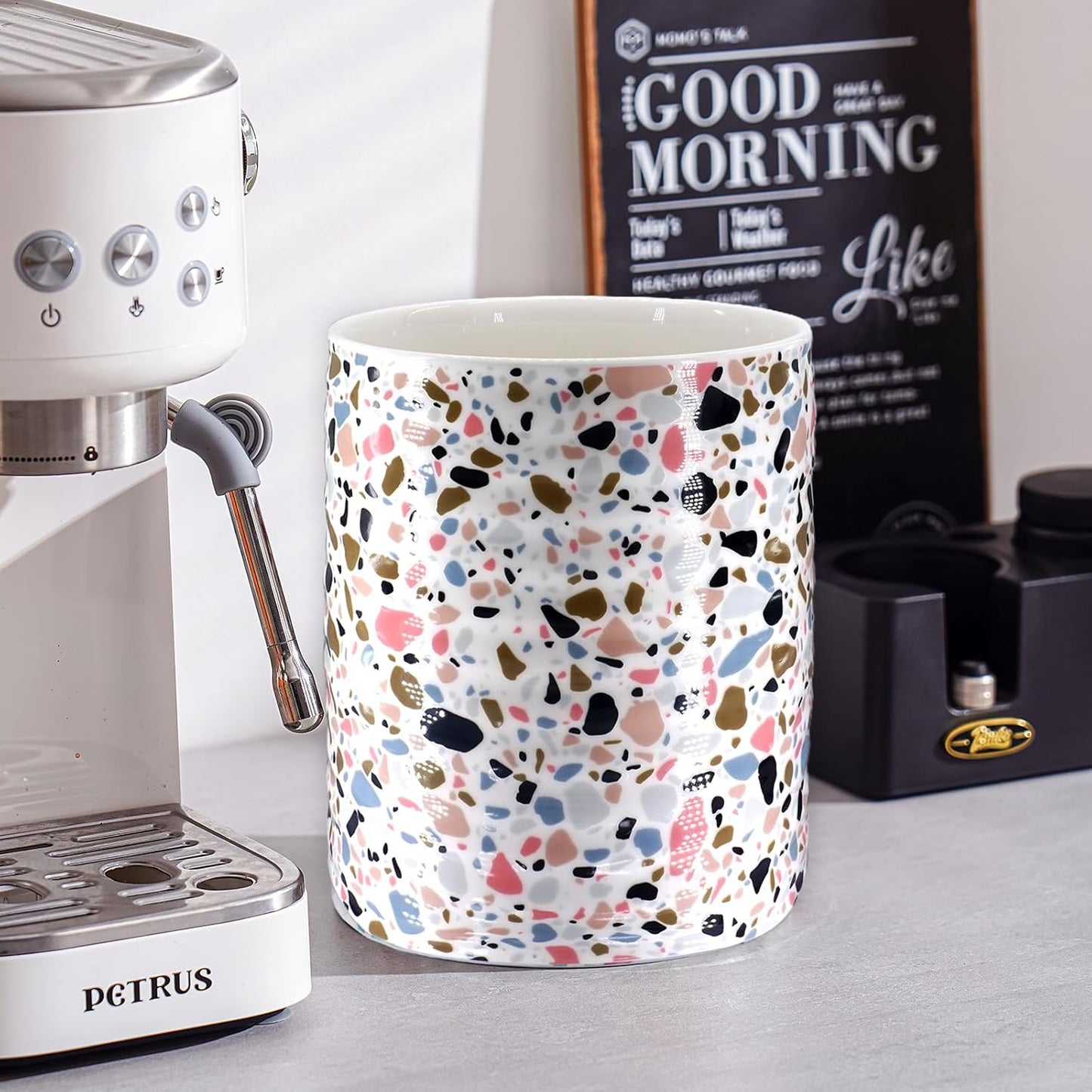 Kitchen Utensil Holder,7.2″Extra Large Stable Terrazzo Marble Pattern Ceramic Utensil Crock,Utensil Organizer for Countertop,Kitchen Decor,Utensil Holder for Housewarming,Wedding Gift Pink