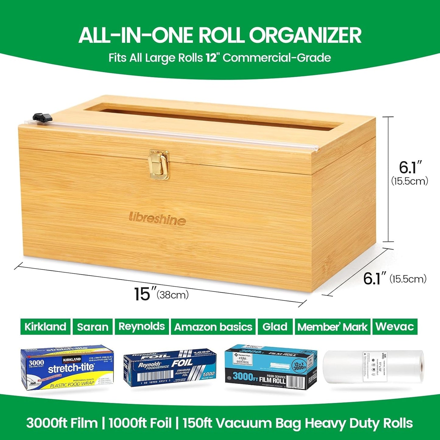 12" Commercial Plastic Wrap Dispenser with Cutter & Roller - Heavy-Duty Holder for 3000ft Film, 1000ft Foil Roll, Fits Costco Saran Wrap - Restaurant, Kitchen & Foodservice Storage