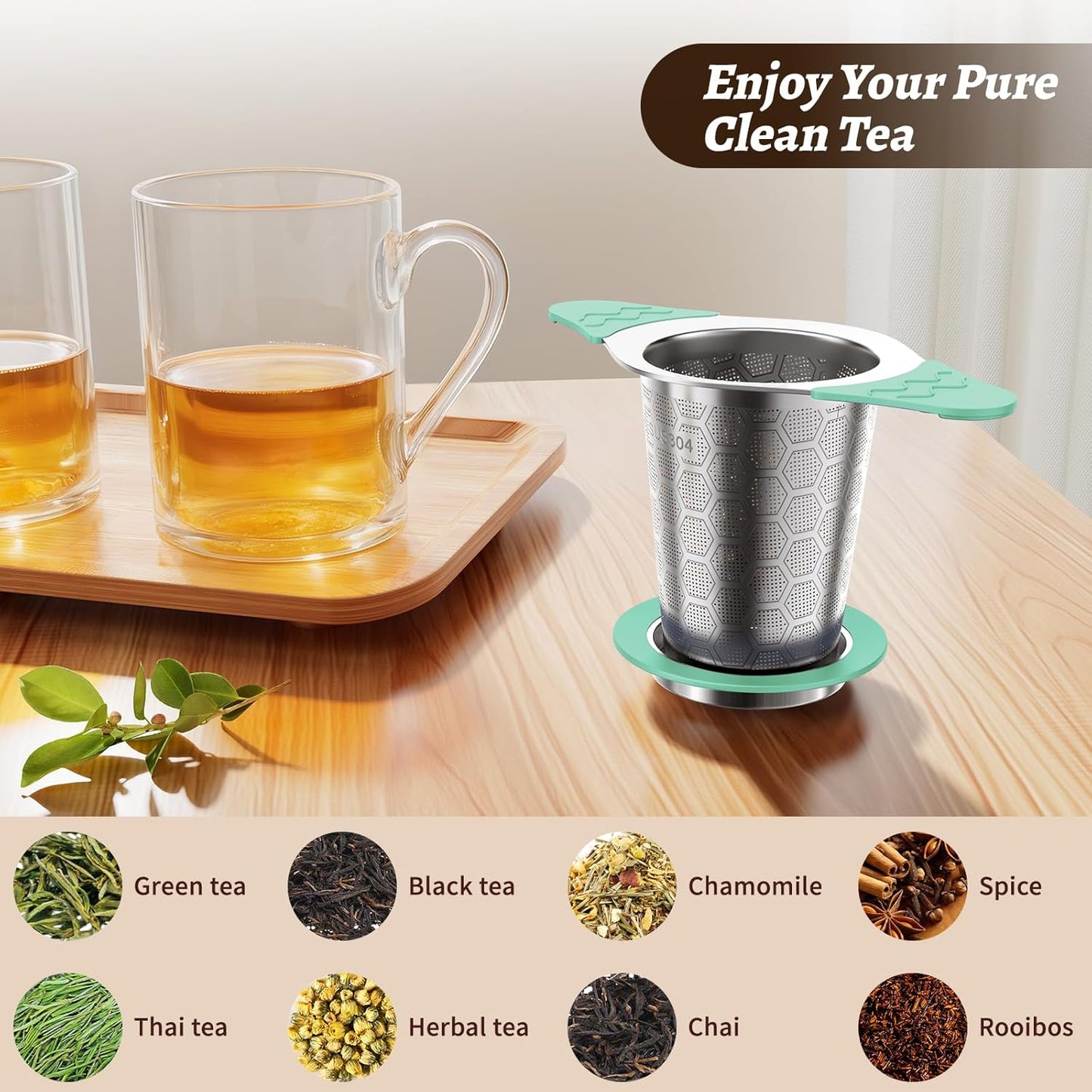 Tea Infuser for Loose Leaf Tea,18/8 Stainless Steel Tea Infuser with Heat Proof Silicone Handles,Extra Fine Mesh Tea Strainers Filter Fine Tea Leaves Effectively,Fits TeaPots/Mugs-Green