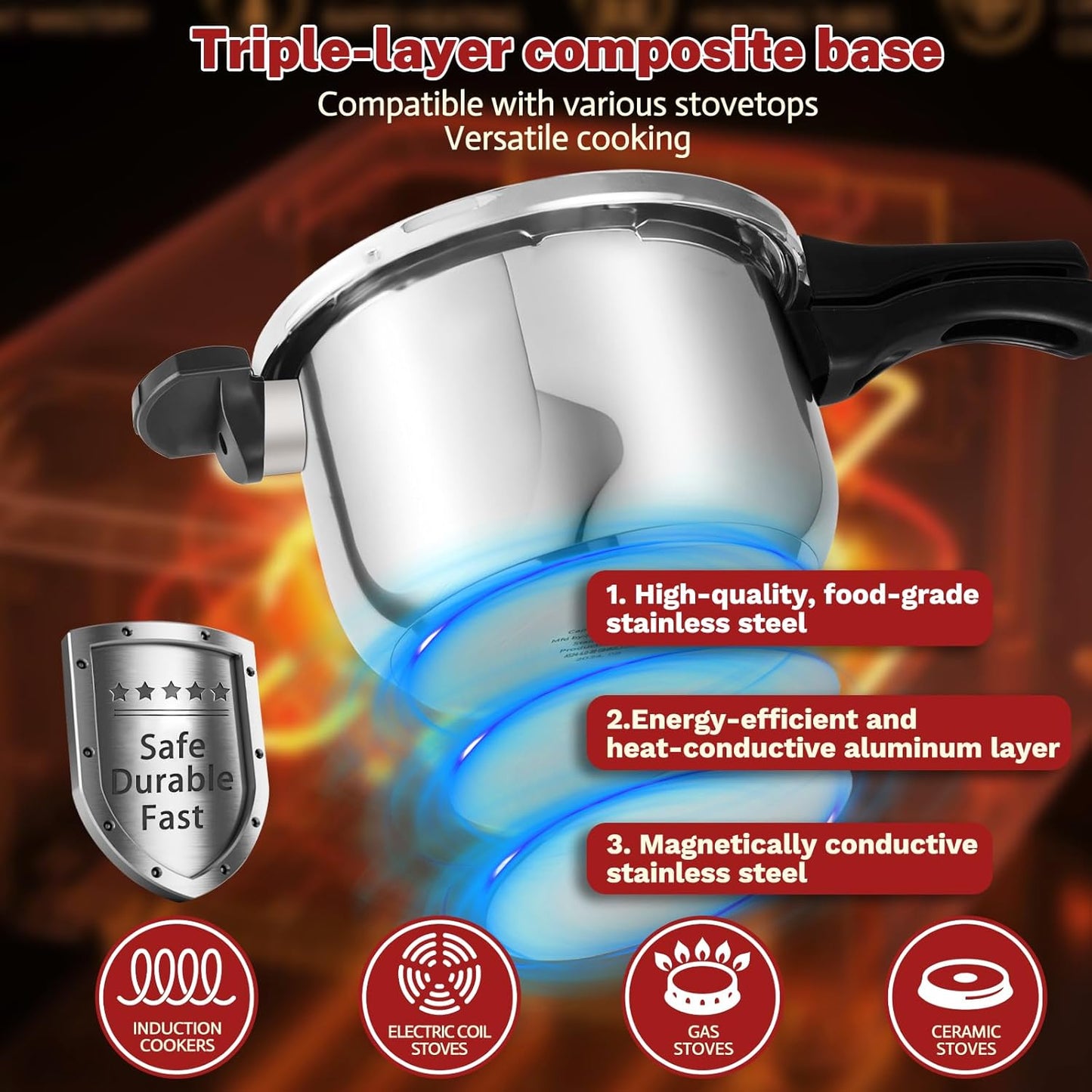 4 Quart Stainless Steel Pressure Cooker, Deeluban All Stovetops Induction Compatible Thickened Pressure Cooker with Spring Valve Safeguard Devices for Home and Commercial Use