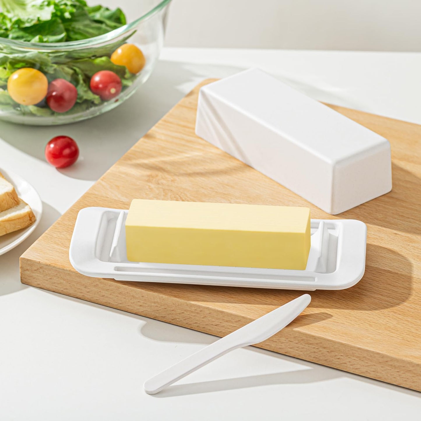 Butter Dish with Lid for Countertop, Butter Dish with Knife, Butter Keeper for Kitchen or Fridge, Bamboo Fiber Butter Tray, Butter Holder for 1 Stick Butter, BPA-free, Dishwasher Safe(White)