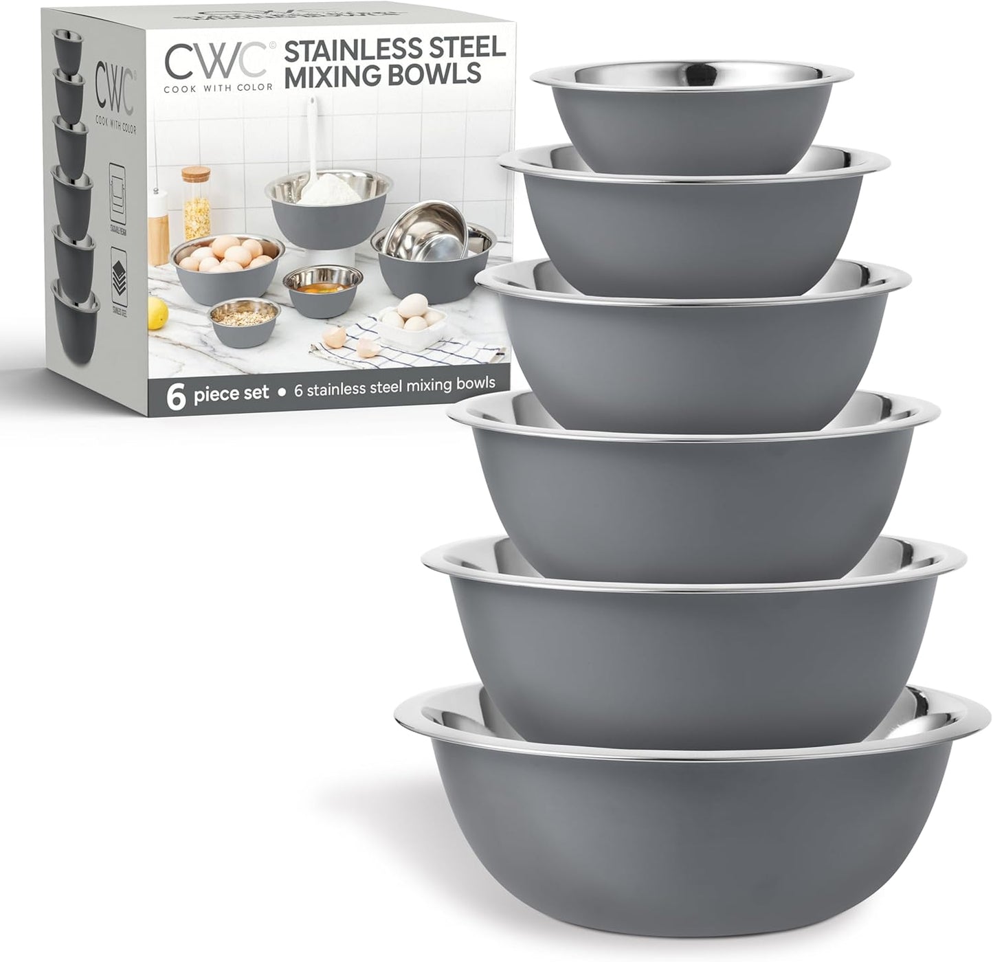 COOK WITH COLOR Stainless Steel Mixing Bowls Set - Nesting Bowls, 6 Pieces, Grey