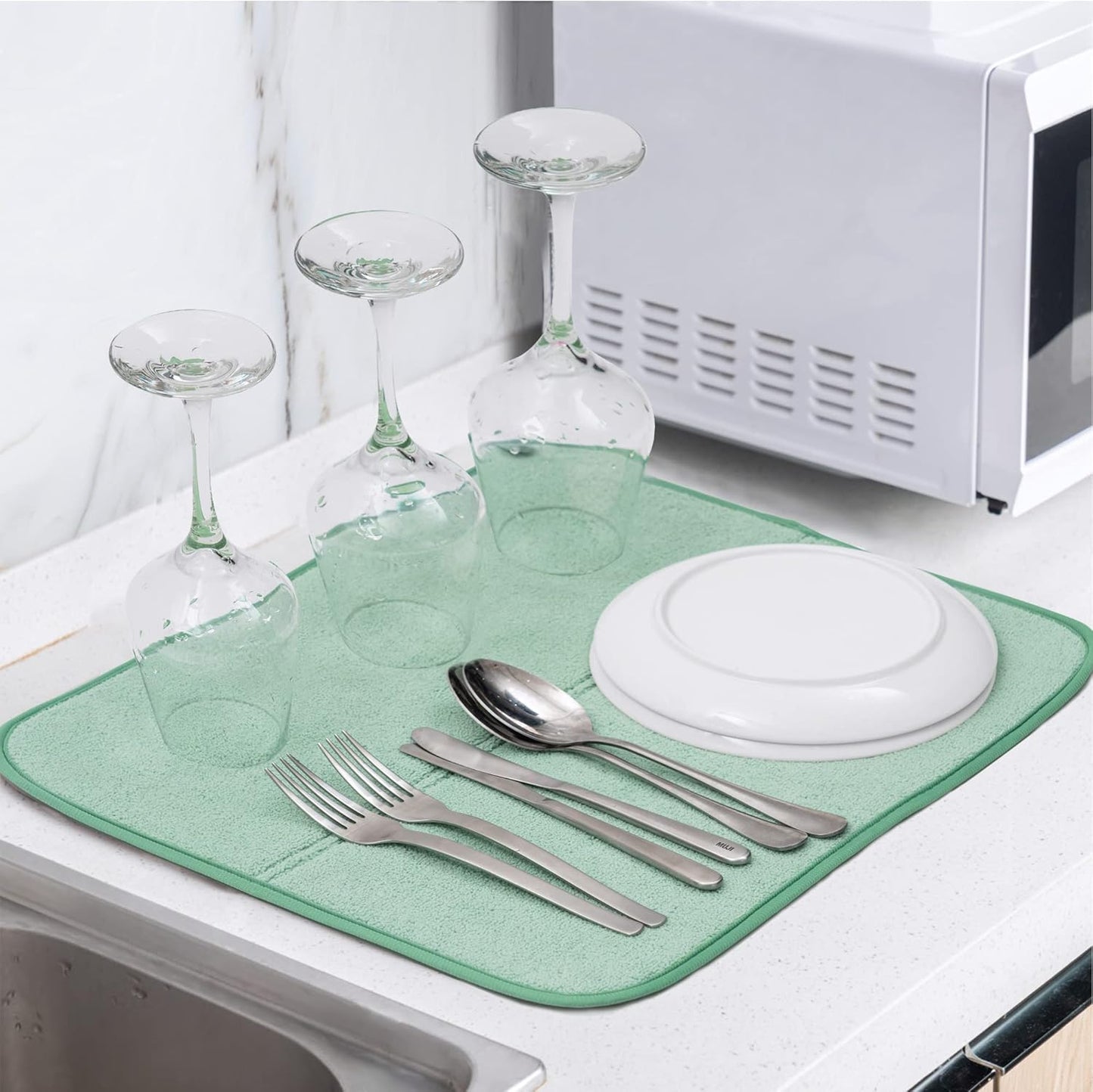 FRESHMNIT Dish Drying Mat for Kitchen Counter, 2 Pack Microfiber Absorbent Dish Drying Mats, 14" x 17" Dish Drying Pad, Dishes Drainer Mat for Countertops or Sink