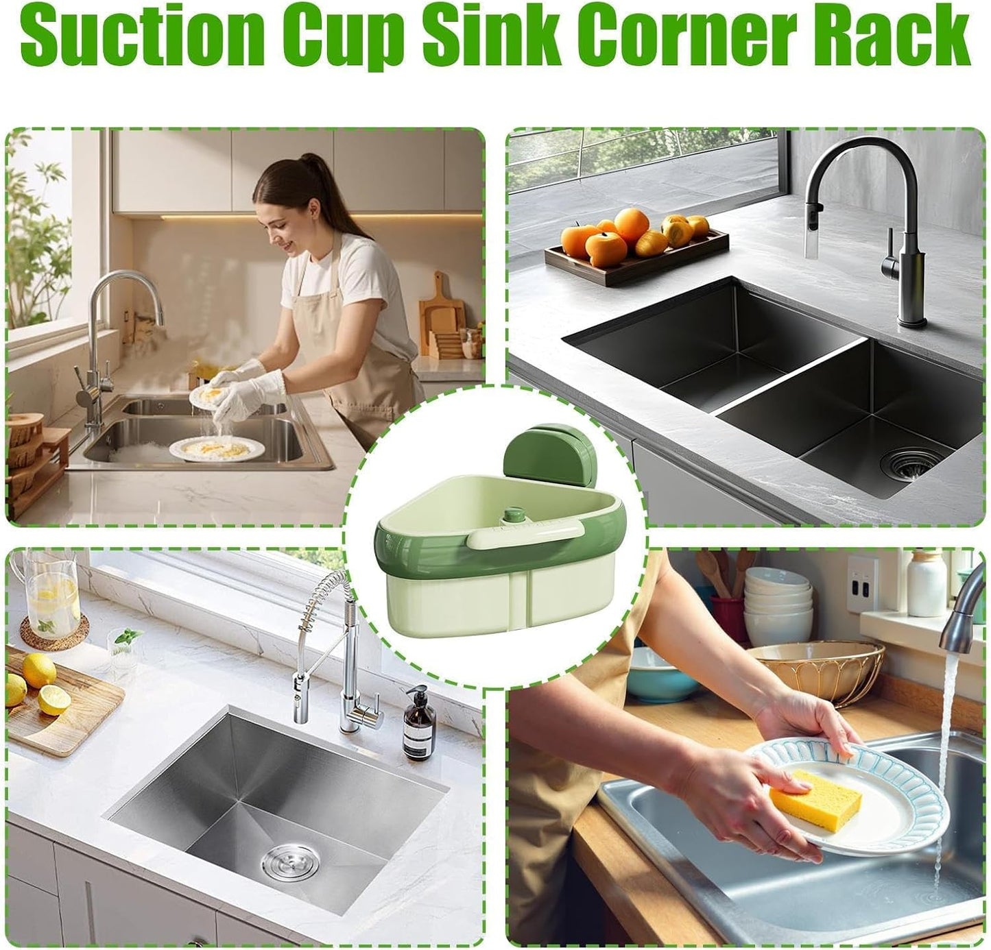Corner Sink Strainer,2025 New Suction Cup Press Sink Strainer Basket,Automatic Dumping food Waste Catcher for Sink,Faucet Sponge Storage Rack,Corner Sink Trash Catcher for Food Waste (Green 2PCS)