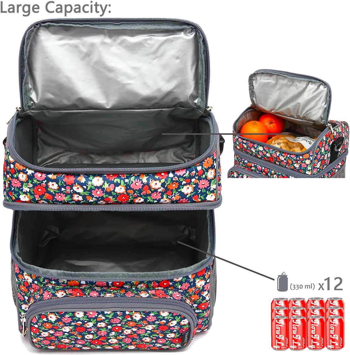 FlowFly Double Layer Cooler Insulated Lunch Bag Adult Lunch Box Large Tote Bag for Men, Women, With Adjustable Strap,Front Pocket and Dual Large Mesh Side Pockets