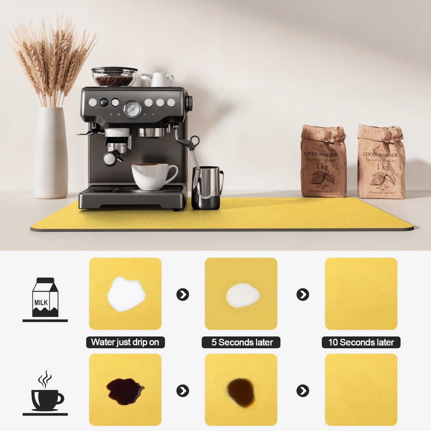 Dish Drying Mat for Kitchen Counter | Coffee Bar Mat for Countertops | Heat Resistant Drainer Mat with Non-slip Rubber Backed | Hide Stain Kitchen Absorbent Draining Mat | Yellow 18"x24"