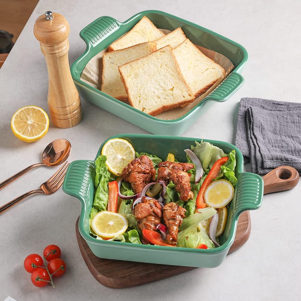Sweejar Ceramic Baking Dish, 9 x 9 Cake Baking Pan for Brownie, Porcelain Square Bakeware with Double Handle for Casserole, Lasagna, Family Dinner (Light Green)