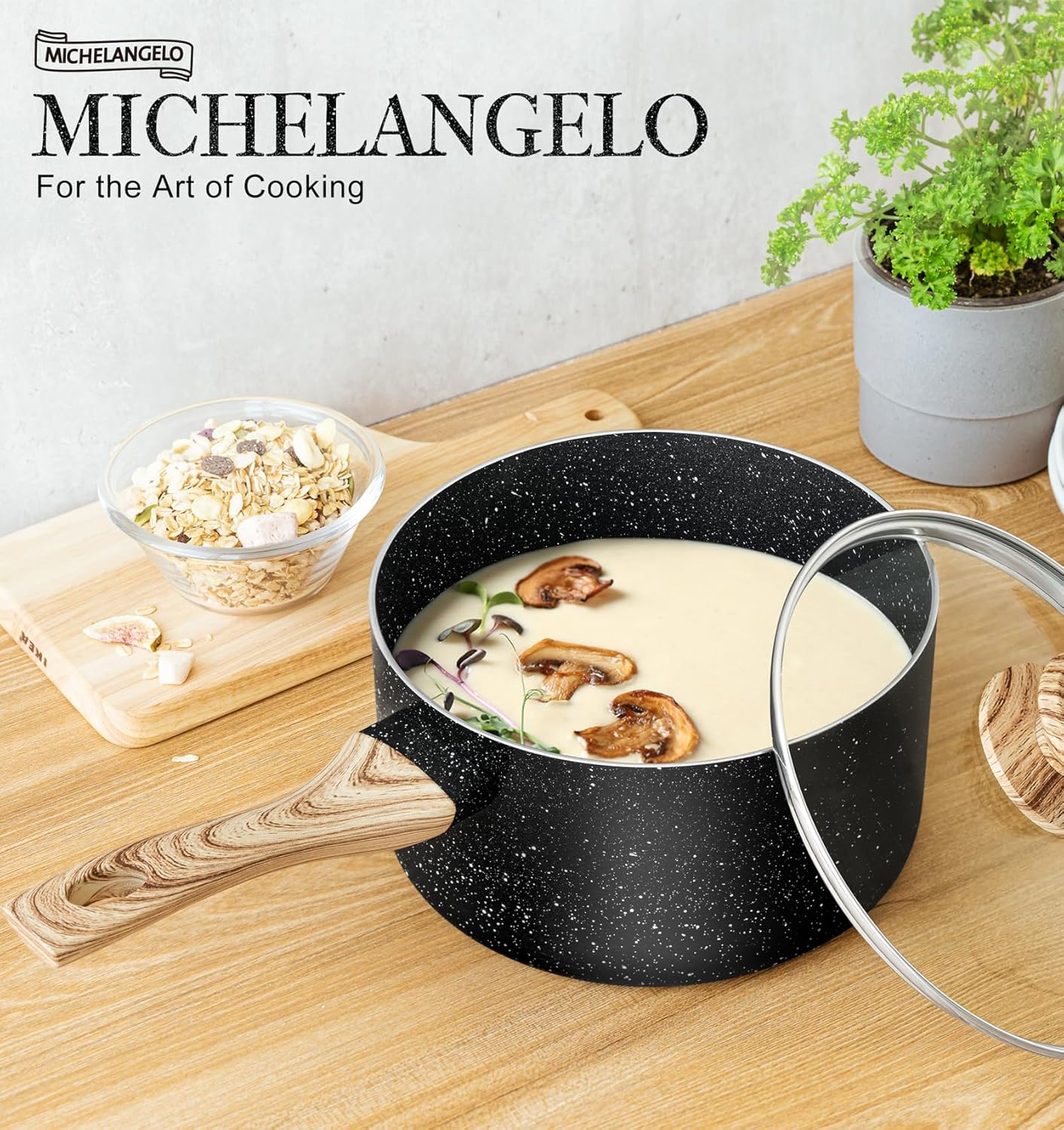 MICHELANGELO Saucepan Set with Lid, Nonstick Sauce Pan with Lid 1QT, 2QT & 3QT, Stone Saucepan Sets, Small Sauce Pot with Lid, Granite Sauce pan 3 Piece, Sauce Pots, Black