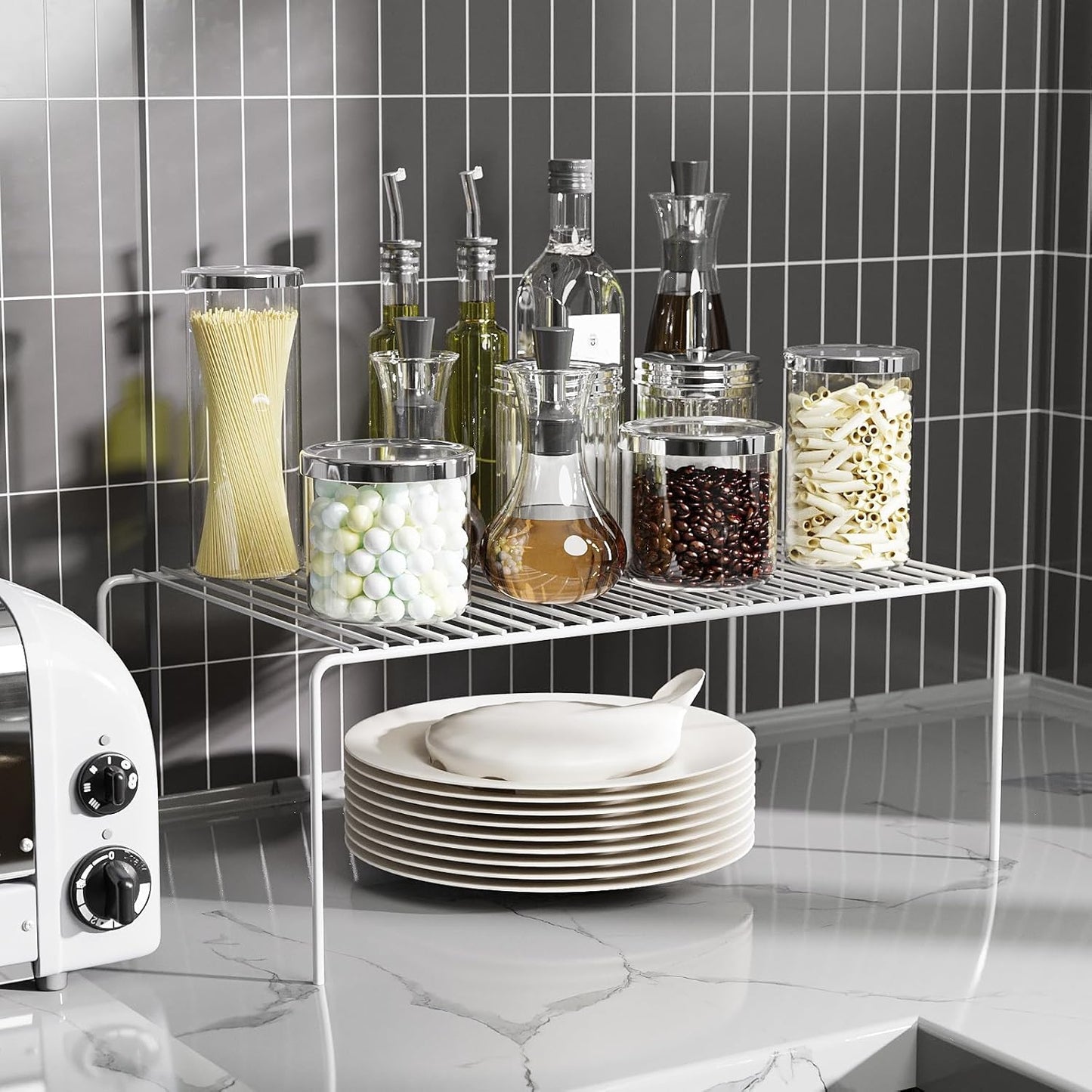 Medium(13 x 9.4 inch)White Cabinet Storage Shelf Rack Set of 2, Rustproof Metal Wire Kitchen Counter Organizers and Storage, Spice Organization for Cabinet, Plate, Dish, Pantry, Bathroom, Fridge