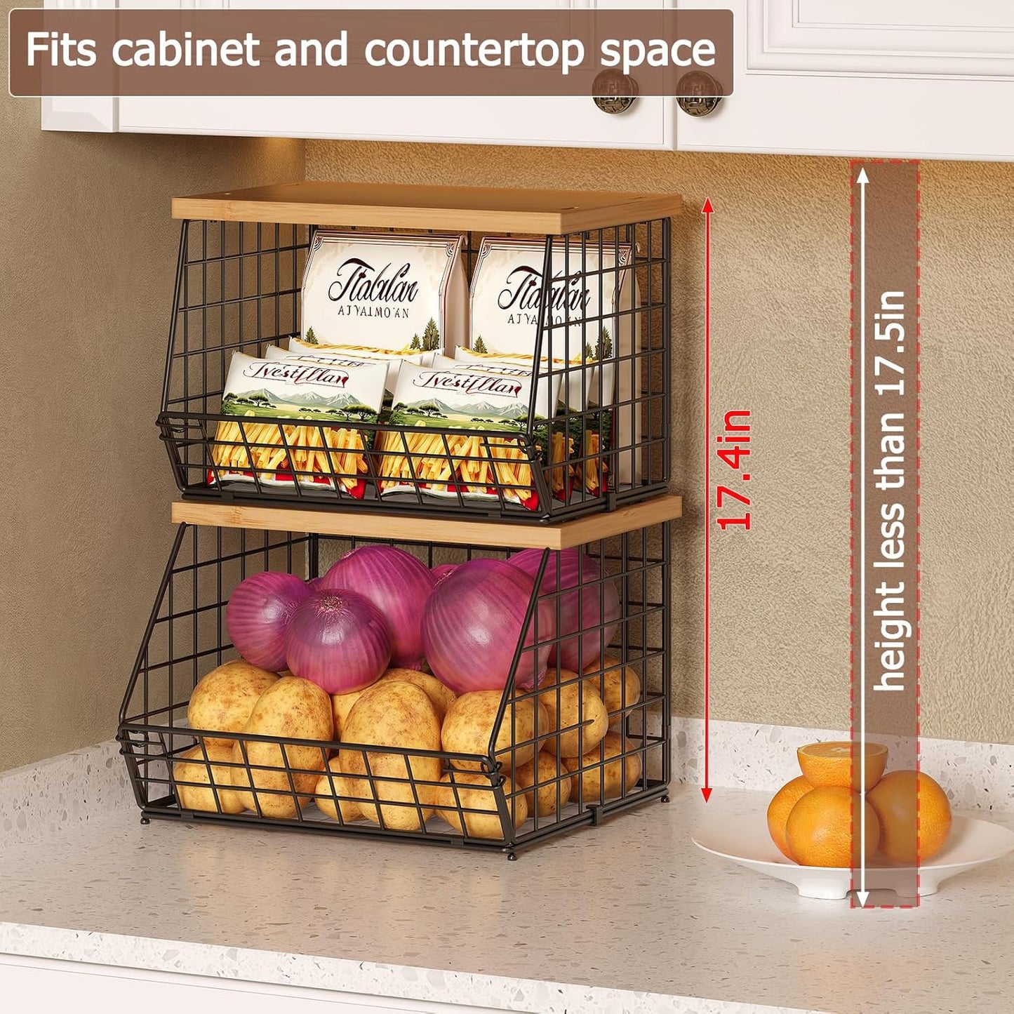 2 Set Stackable Wire Basket with Wooden Tops & Pad for kitchen organizers and storage, XXL Kitchen Counter Organizer for Fruit, Vegetable, Bread, Potato and Onion Storage Bin