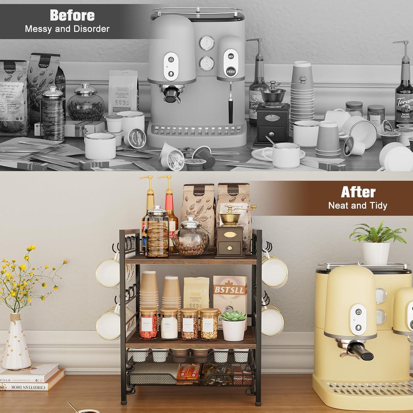 Coffee Bar Organizer, 4 Tier Coffee Station Organizer for Countertop, 30 K Cup Pod Drawer, Mug Cup Holder Stand with 12 Hooks, Multifunctional K Pods Shelf Storage Holder Drawer