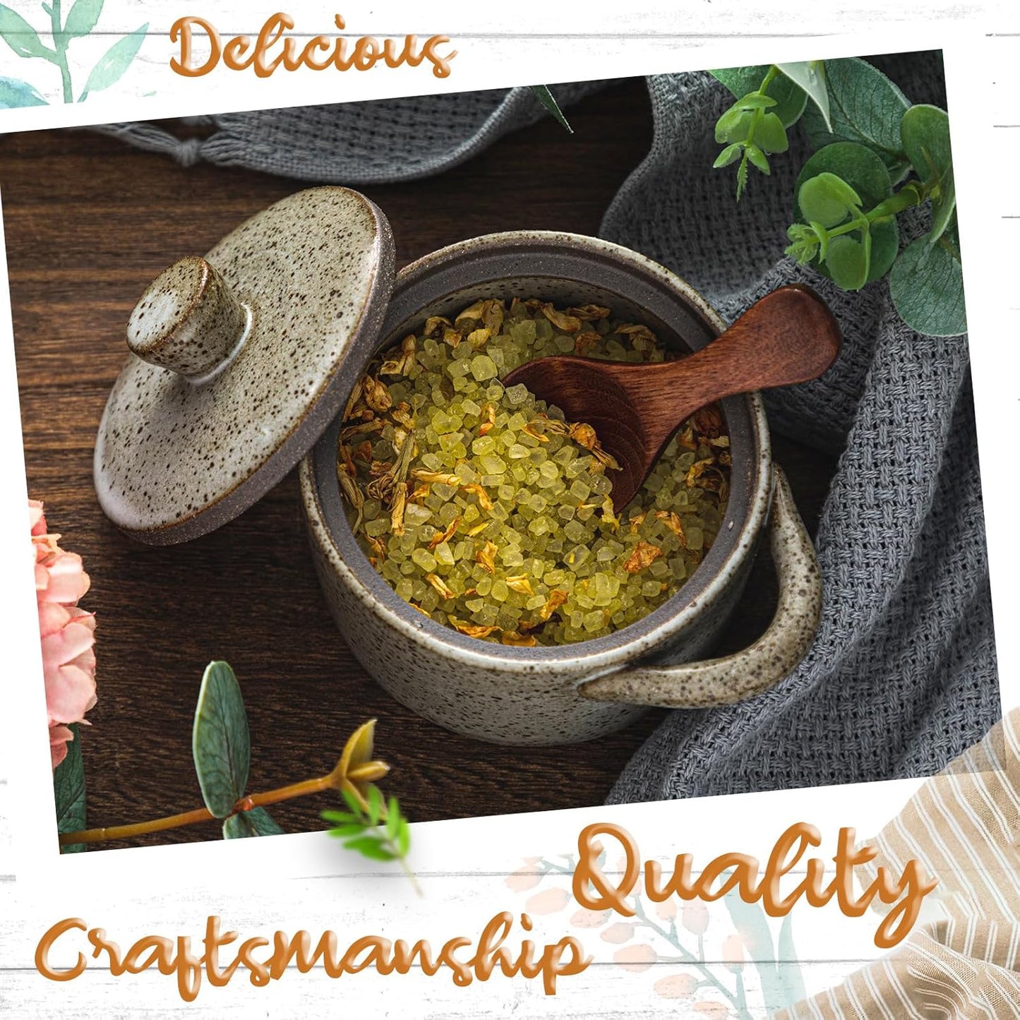 Honeydak Speckled Ceramic Salt Cellar with Lid and Wooden Spoon, Rustic Farmhouse Salt Pepper Cellar Holder for Housewarming Gift, Heavyweight Spices Jar for Kosher, Sea, Sugar