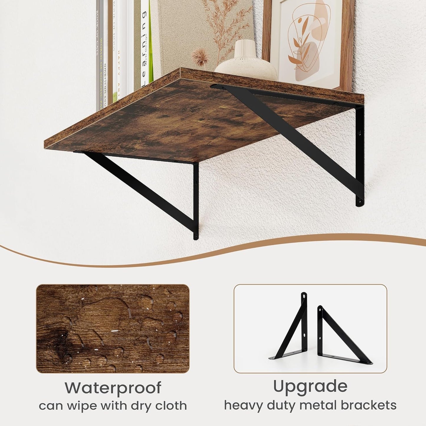 Heimlove Deep Floating Shelves for Wall, 16W x 8D Wood Wall Shelves Set of 2, Wide Floating Bookshelf for Living Room, Kitchen, Office, Bedroom and Decor Storage, with Metal Bracket - Rustic Brown