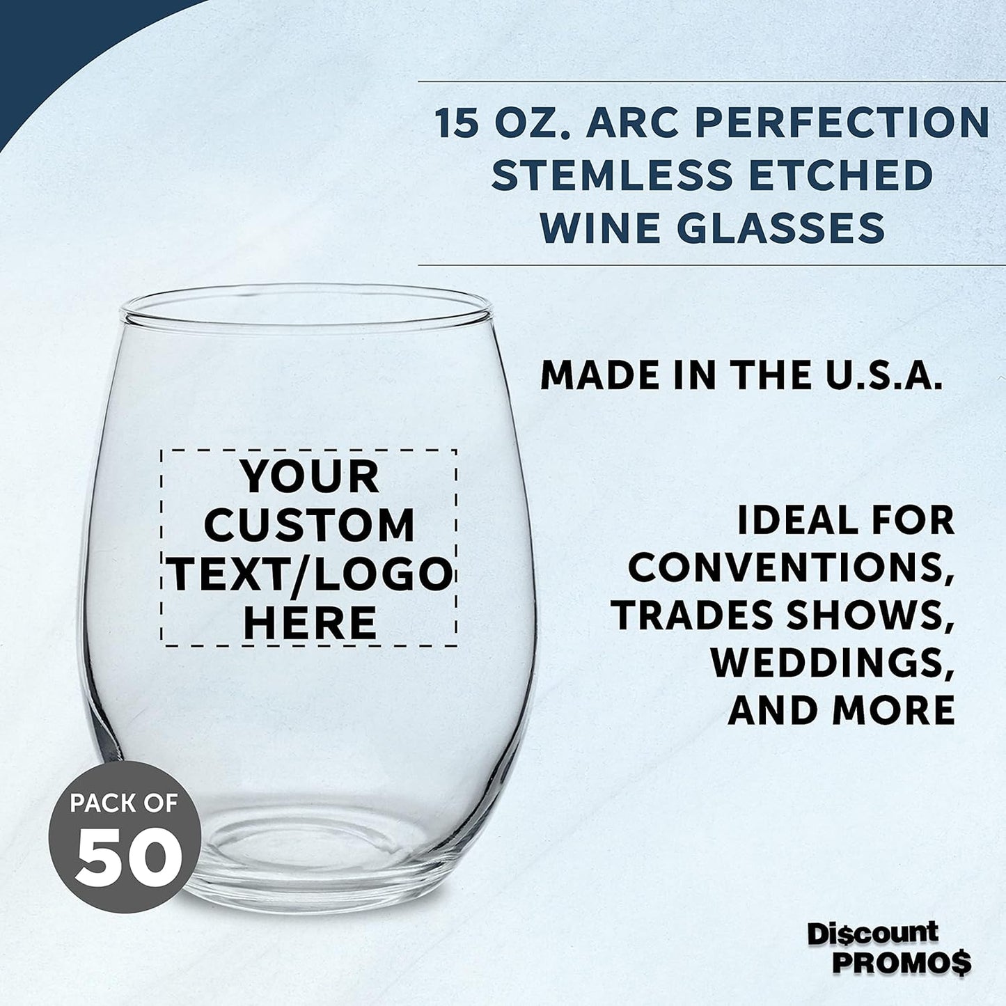 Custom Stemless Wine Glasses by ARC Perfection 15 oz. Set of 50, Personalized Bulk Pack - Restaurant Glassware, Perfect for Red Wine, White Wine, Cocktails - Clear