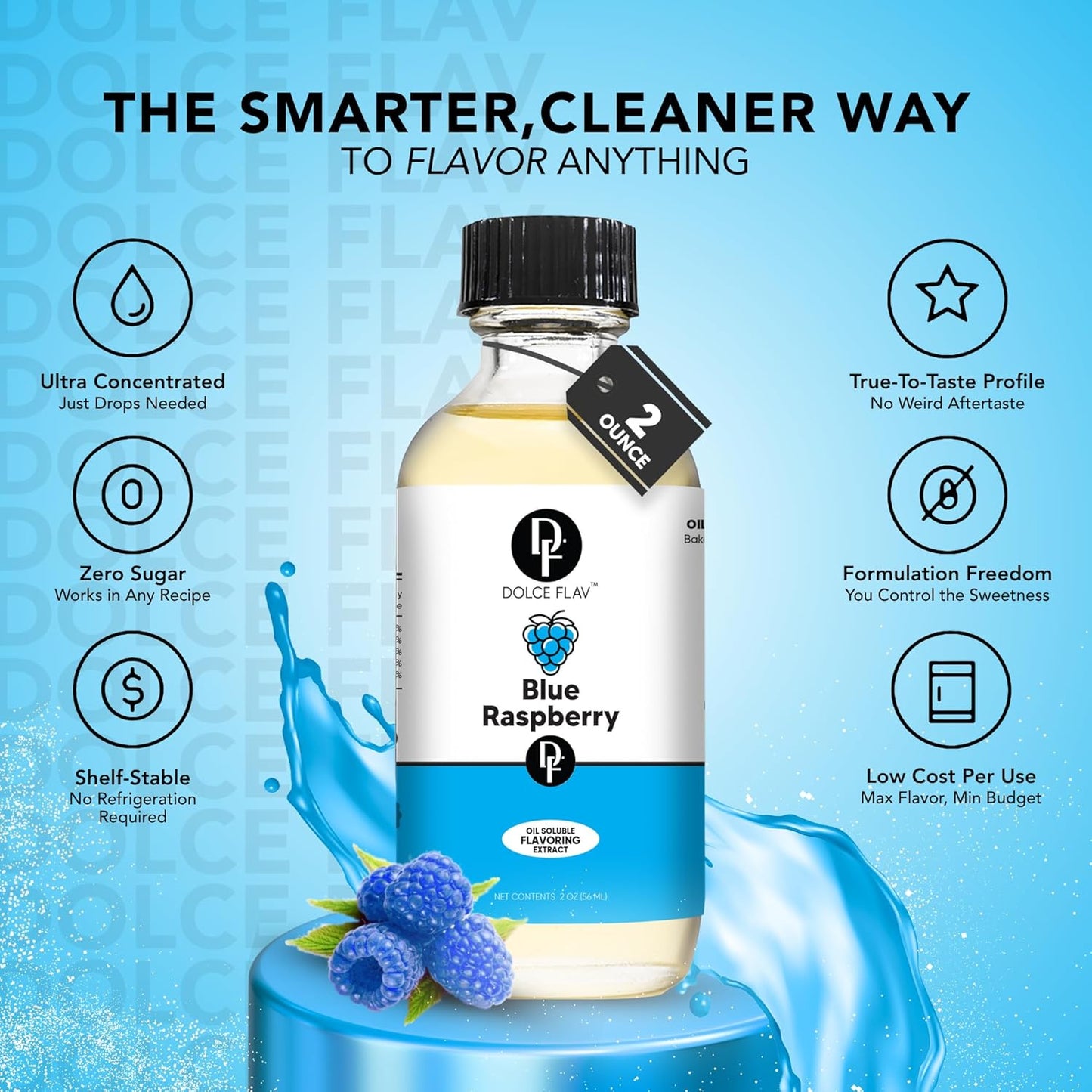 Dolce Flav Blue Raspberry Extract – 2 Ounce Oil-Soluble Kosher, Sugar-Free, Concentrated Blue Raspberry Flavoring for Baking, Chocolates & Desserts, Includes Measured Dropper