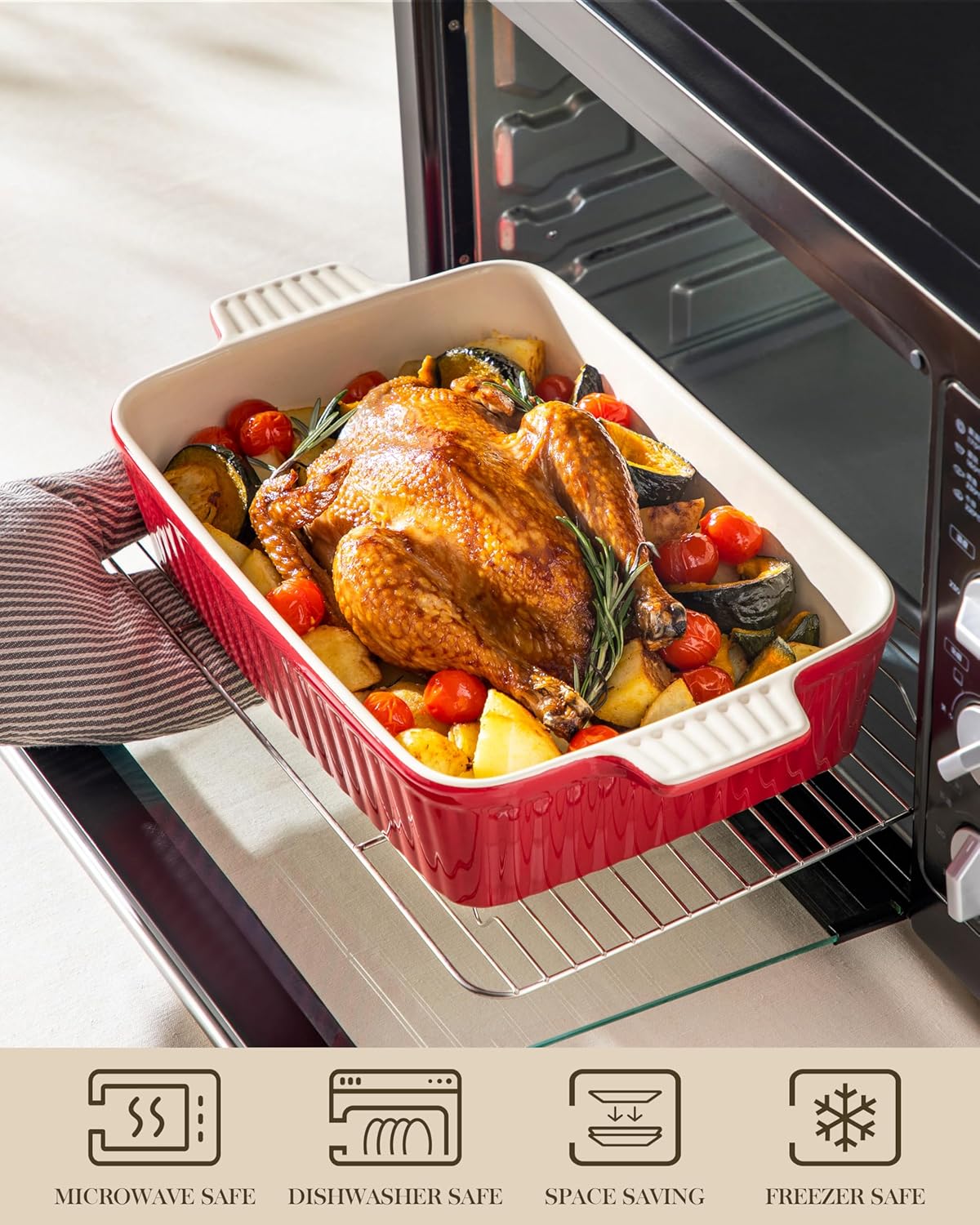 MALACASA 4.4 QT Baking Dish, 9x13 Large Casserole Dish for Oven, Ceramic Baking Pan, Rectangular Lasagna Pan Deep with Handles for Baking, Durable Microwave Oven Safe, Red, Series BAKE-BAKE