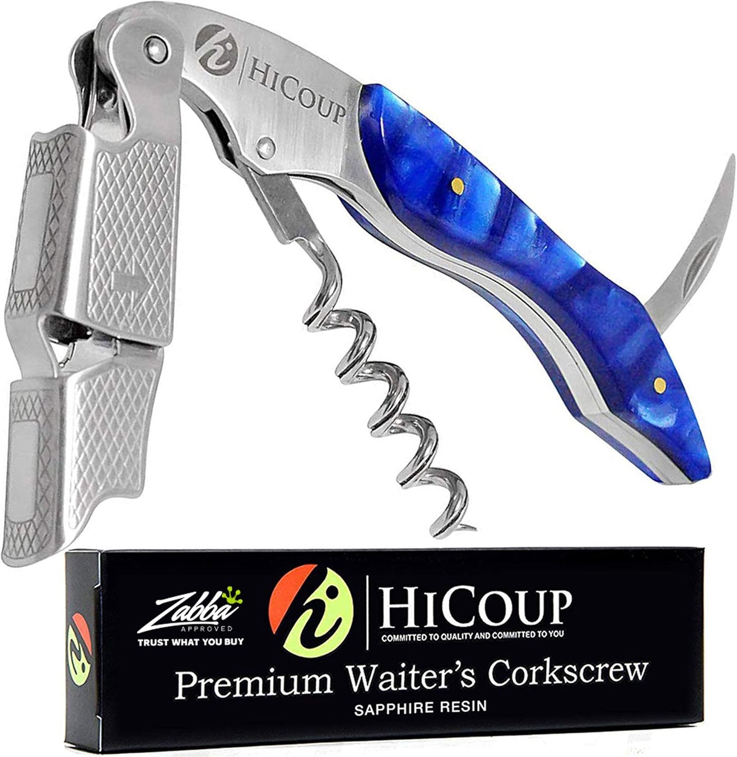 HiCoup Kitchenware Wine Opener - Professional Corkscrews for Wine Bottles w/Foil Cutter and Cap Remover - Manual Wine Key for Servers, Waiters, Bartenders and Home Use - Sapphire