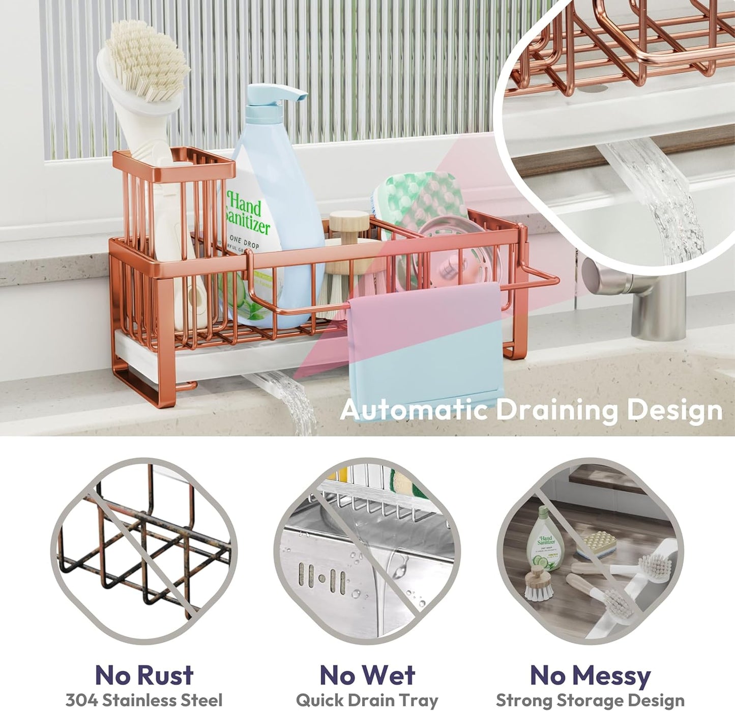 SWTYMIKI Sponge Holder for Kitchen Sink - Sink Caddy with Brush Holder Self-draining Sponge Caddy Organizer with Divider Stainless Steel Kitchen Accessories Storage for Countertop, Rose Gold