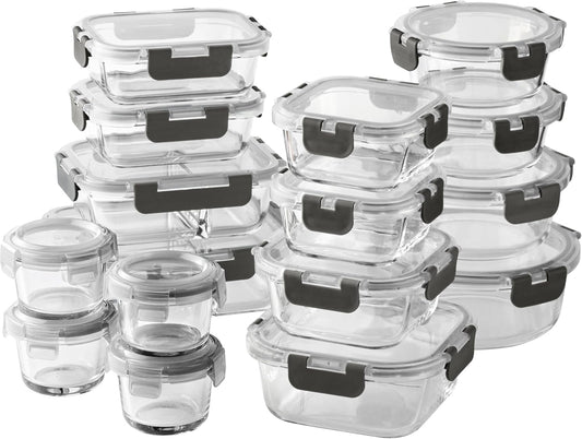 COOK WITH COLOR Premium 32-Pc. Borosilicate Glass Food Container Set with Dividers - 4 Rectangles, 8 Rounds, 4 Squares - Leakproof Lids - Meal Prep, Storage, Ombre Black
