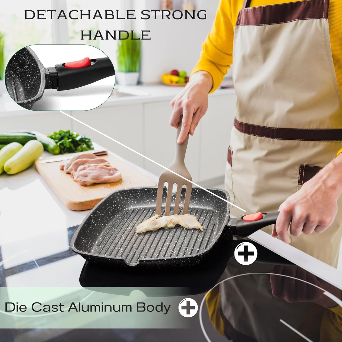 Moss & Stone Square Grill Pan for Indoor Cooking, 11-Inch Nonstick Griddle Skillet with Removable Handle, RV Die-Cast Aluminum Stove Top Grill Pan for Meats & Vegetables, Detachable Handle