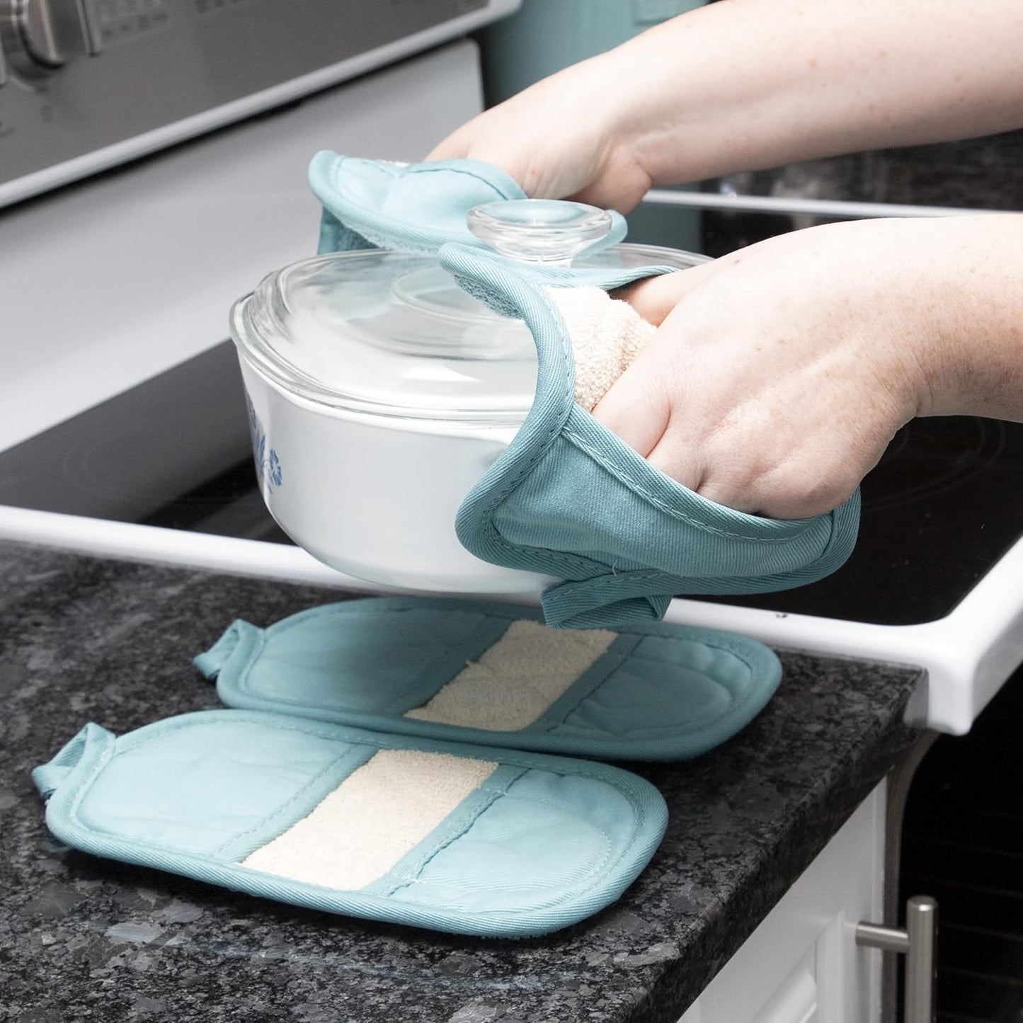 Ritz Premium Pot Holders & Heating Pads (4-Pack), 8.5" x 5.5", Heat Resistant, 100% Cotton Terry-Looped Pocket, for Kitchen and Barbeque, Dew