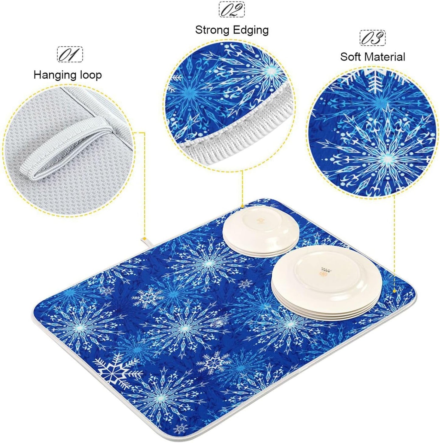 Blue Christmas Snowflakes Dish Drying Mat for Kitchen Counter Absorbent Microfiber Drying Pad, Large 18x24 in, Reversible Drainer Mats