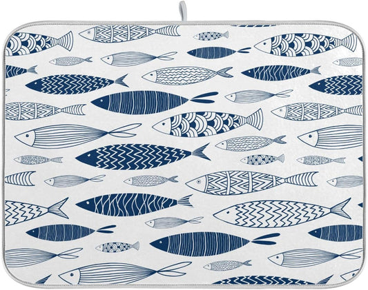 Cartoon Fish Dish Drying Mat for Kitchen Counter Absorbent Microfiber Drying Pad, Large 18x24 in, Reversible Drainer Mats