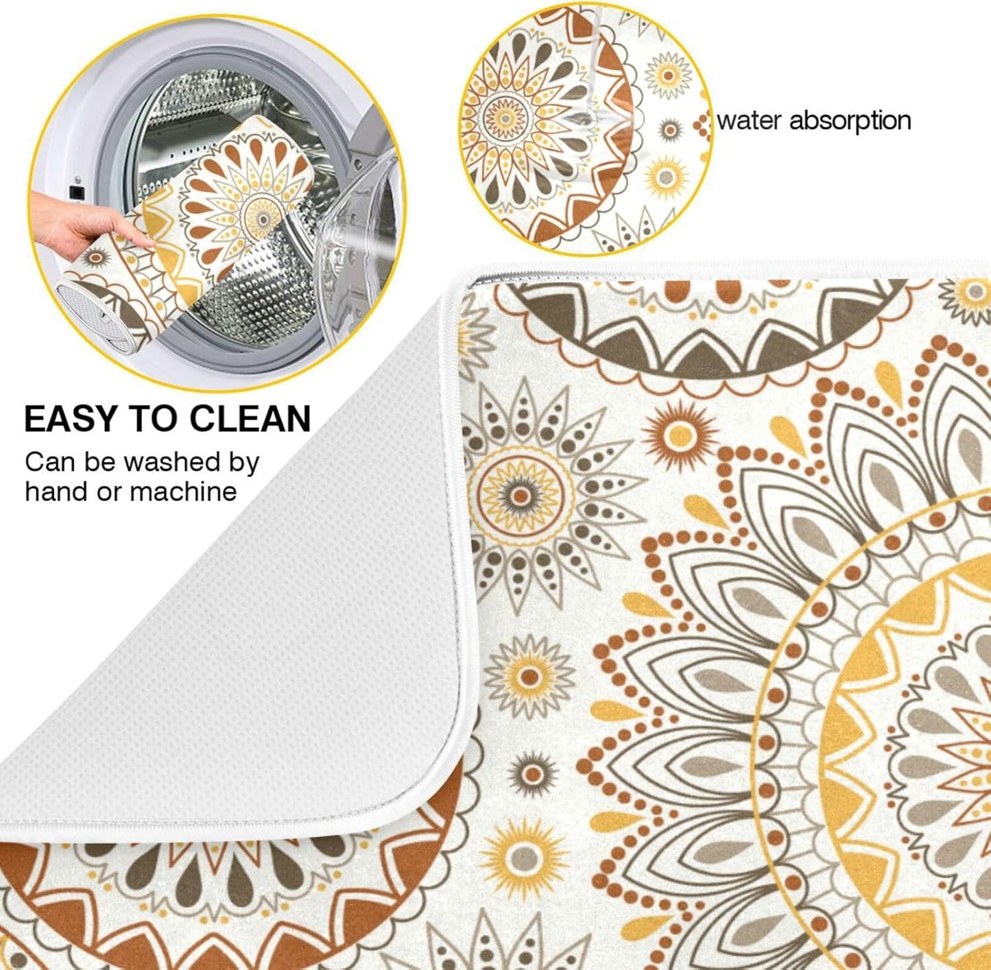 Mandala Ethnic Bohemian Ornament Dish Drying Mat for Kitchen Counter Absorbent Microfiber Drying Pad, Medium 16x18 in, Reversible Drainer Mats