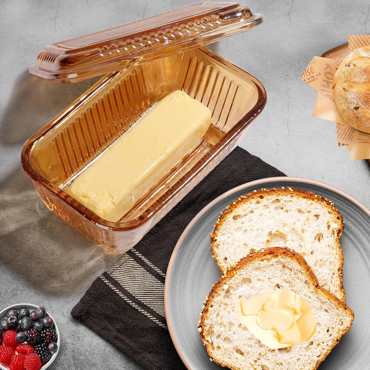 Wide Glass Butter Dish with Lid with Large capacity for Countertop Clear Crystal Butter Container with Cover for Counter Butter Keeper Tray Holder for Refrigerator