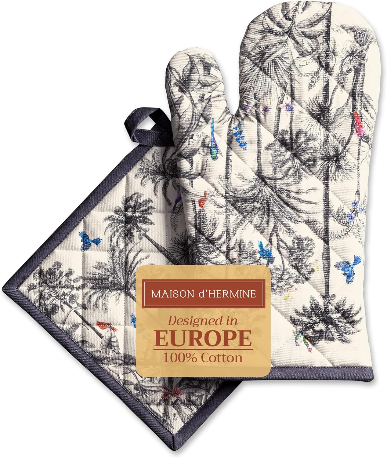 Maison d' Hermine 100% Cotton Oven Mitt & Pot Holder Set (7.5"x13" & 8"x8") Heat Resistant BBQ Cooking Gloves with Loop, Baking, Grilling, Kitchen, Handling Hot Pans (Amazonia)