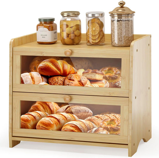 Double Layer Bread Box for Kitchen Countertop, Large Breadbox Bread with Windows, Wooden Farmhouse Bread Holder (Natural Bamboo)