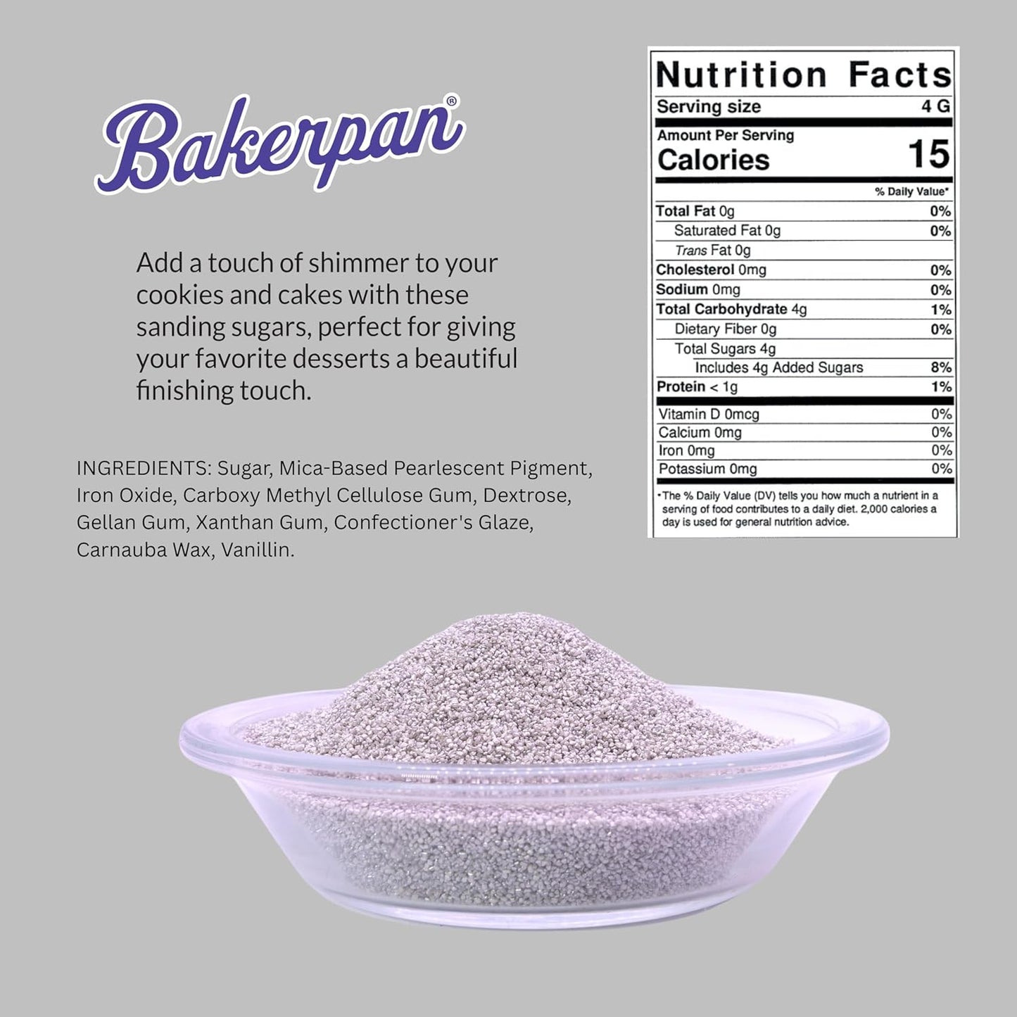 Bakerpan Silver Sanding Sugar for Baking & Cookie Decorating - 5 Ounce Edible Silver Sugar Sprinkles for Cookies, Cakes, Cocktails (Made In USA)