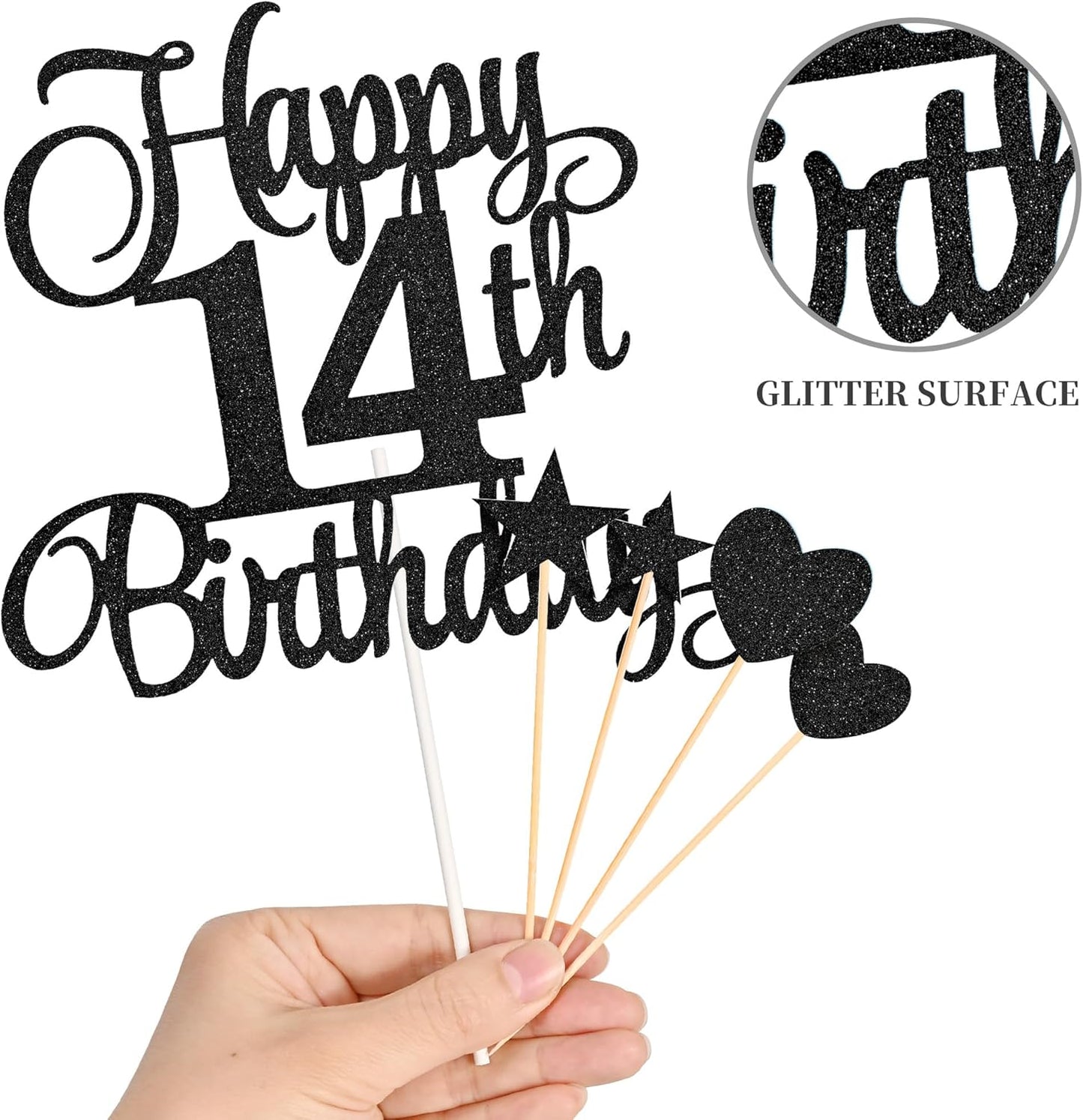 14th Birthday Cake Decorations, 14th Birthday Candles Cake Numeral Candles and Glitter Happy 14th Birthday Cake Toppers Set for Birthday Party Supplies (Black)