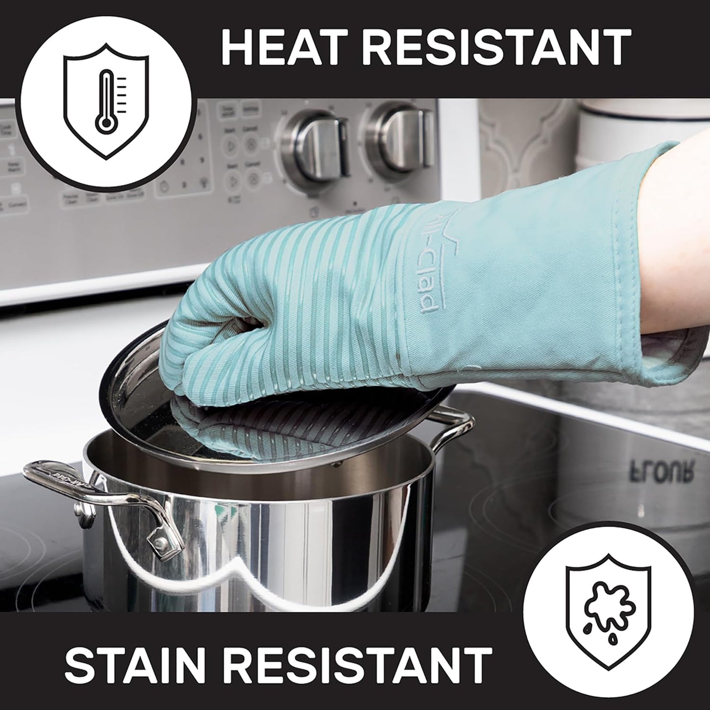 All-Clad Silicone Oven Mitts: Heat Resistant up to 500 Degrees - 100% Cotton & Silicone, 14"x7" Oven Mitt for Kitchen and Barbeque, 2-Pack, Rainfall