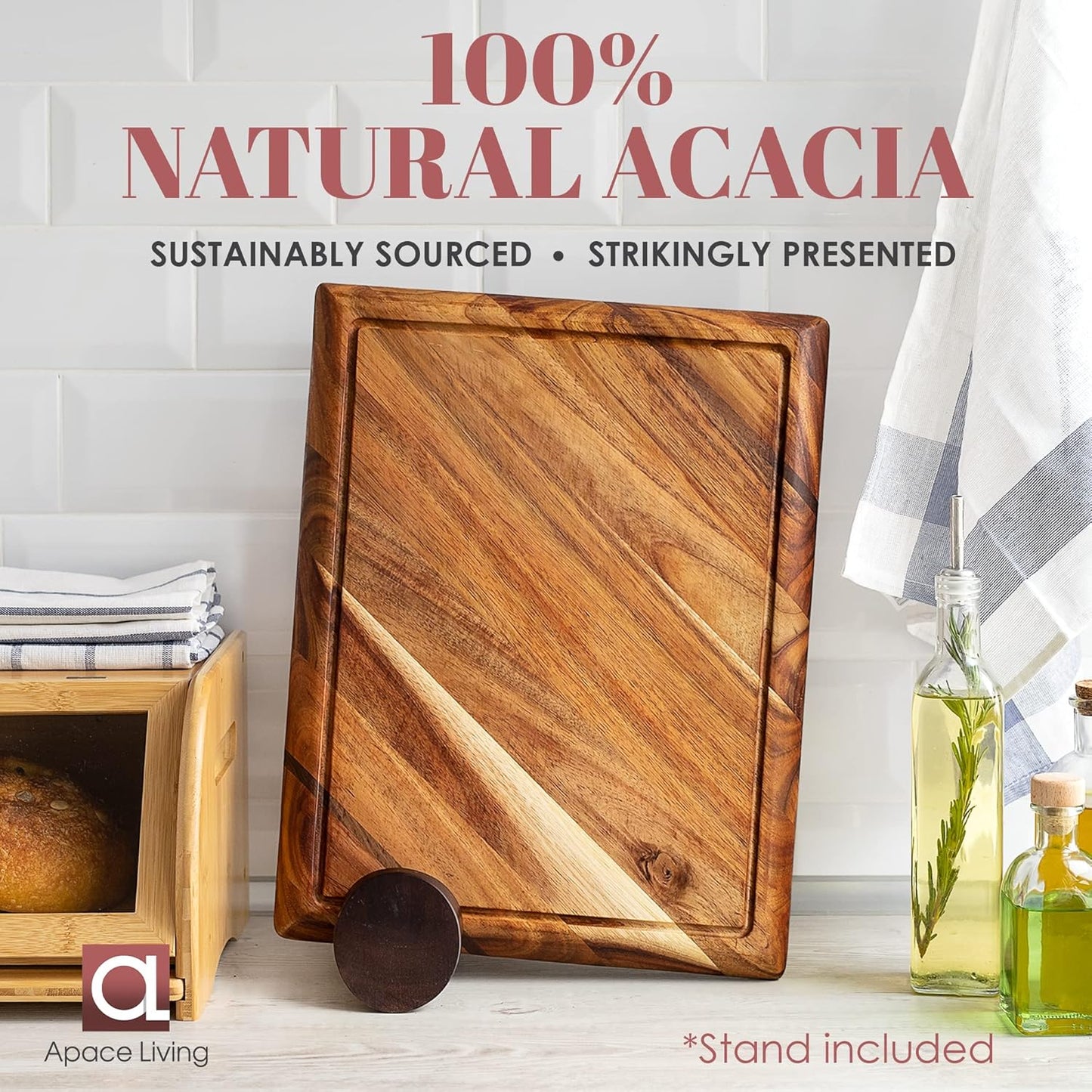 Contour Wood Cutting Board - Large Acacia Butcher Block Chopping Board for Kitchen w/Stand, Sustainable Wood, Juice Groove - Doubles as 4 Compartment Serving Board - Apace Living 17x13x1.5