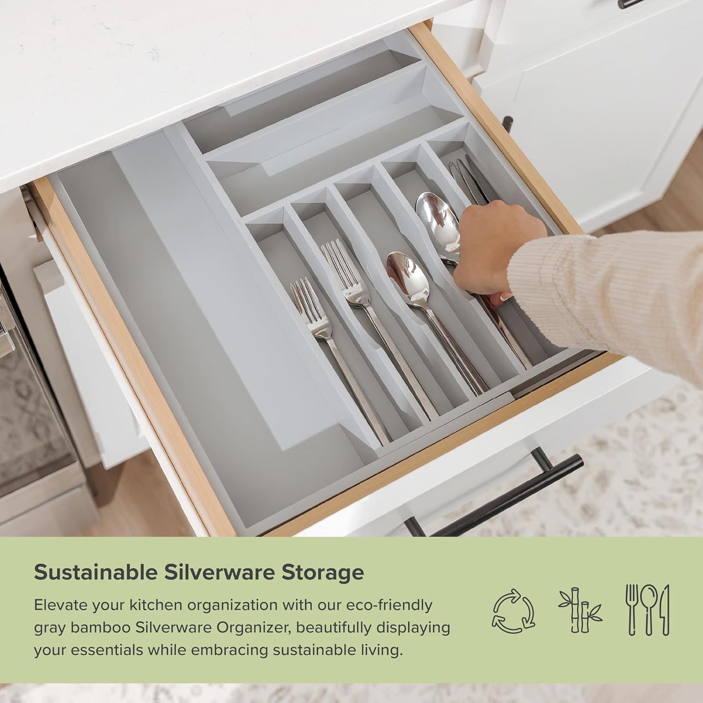 KitchenEdge Premium Silverware, Flatware and Utensil Organizer for Kitchen Drawers, Food-Safe Contract Grade, Expandable from 10.5 to 19 In, Gray Bamboo