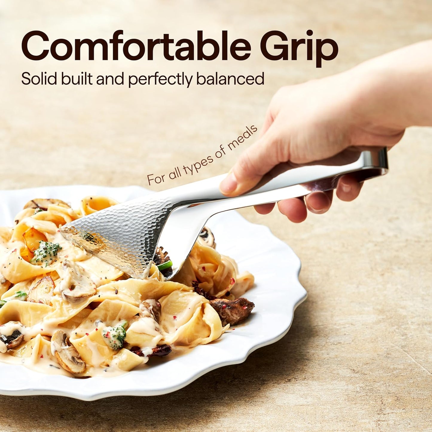 Luciella Ponza Flatware Set for 12, 65-Piece Stainless Steel Silverware Set with Serving Utensils, Timeless Hammered Design, Rust-Resistant, Mirror Polished & Dishwasher Safe