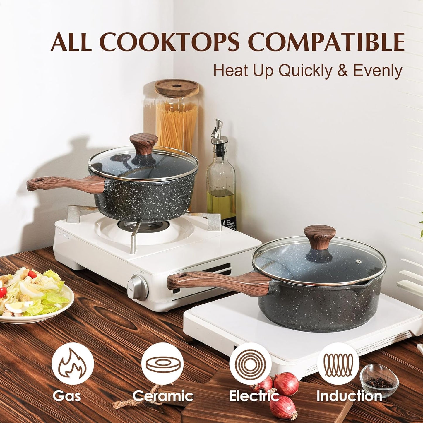 SENSARTE Nonstick Sauce Pan with Double Spout, 3.0 Quarts Swiss Granite Coating Sauce Pot with Lid Medium Kitchen Cooking Pot, Induction Comptable Saucepan, Free of Intentionally Added PFOA