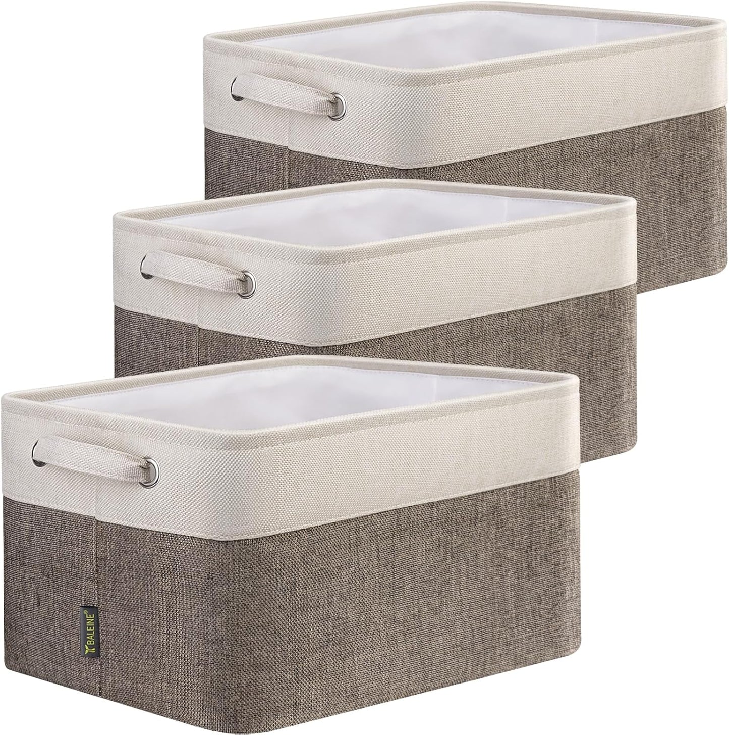 BALEINE 3 Pack Fabric Storage Bins for Shelves, Linen Storage Baskets for Organizing, Decorative Closet Bins for Clothes, Home (Brown, 12"x8"x8")