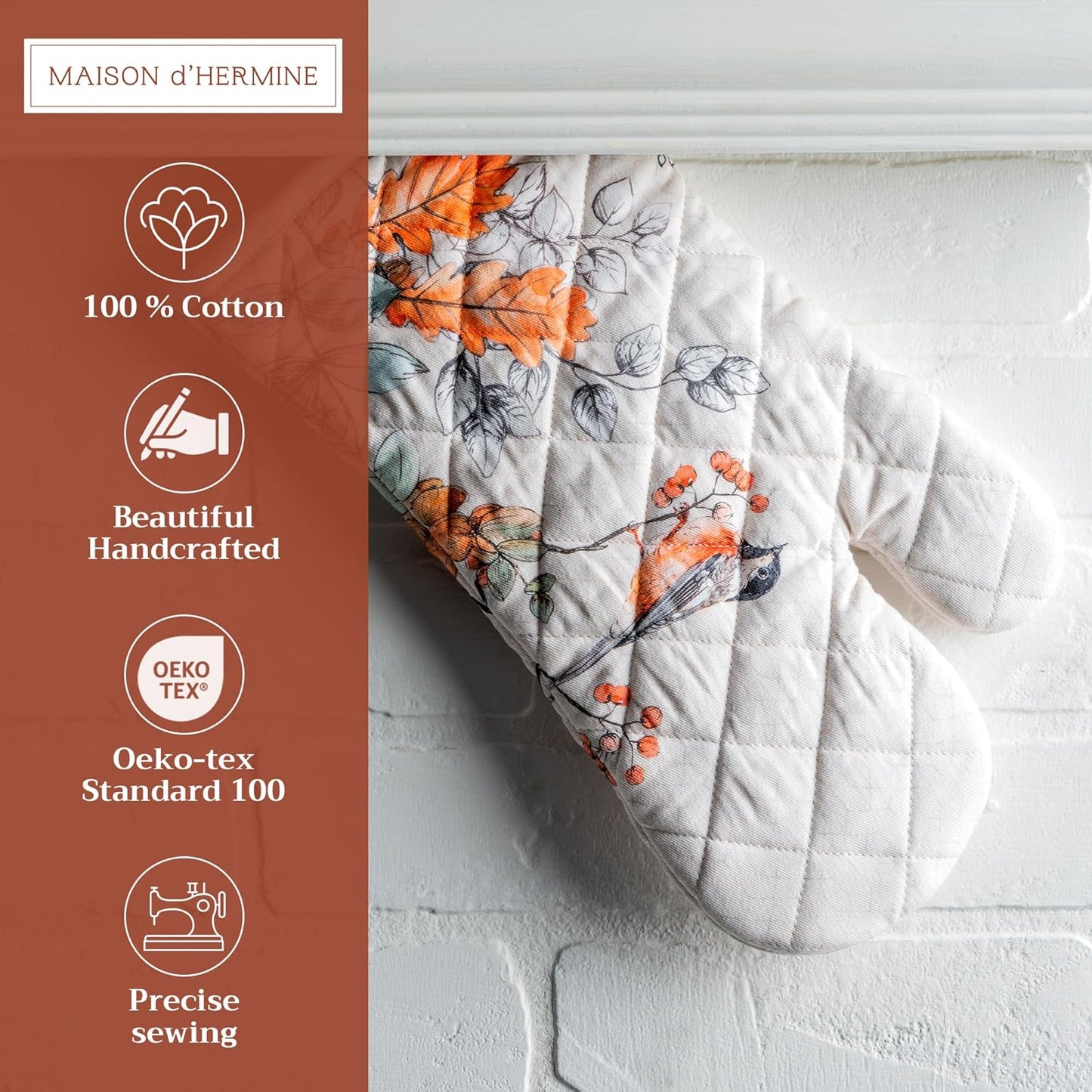 Maison d' Hermine Oven Gloves 100% Cotton Oven Mitt 7" x 13" with Loop Heat Resistant, BBQ, Cooking Gloves, Baking, Grilling, Kitchen, Handling Hot Pans (Pack of 1, Whitish Shabby Chique)