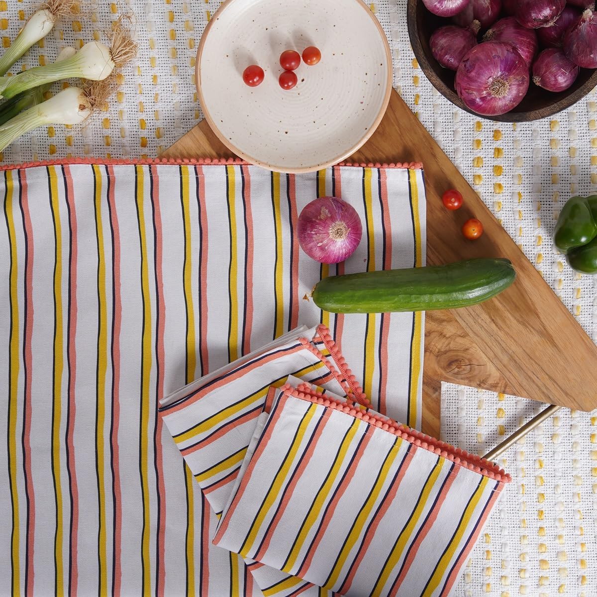 Printed Kitchen Dish Bar and Tea Towels Cotton, 18x28 inch with Trims, Cotton Dish Towel Sets (Yellow Stripes, Set of 6)