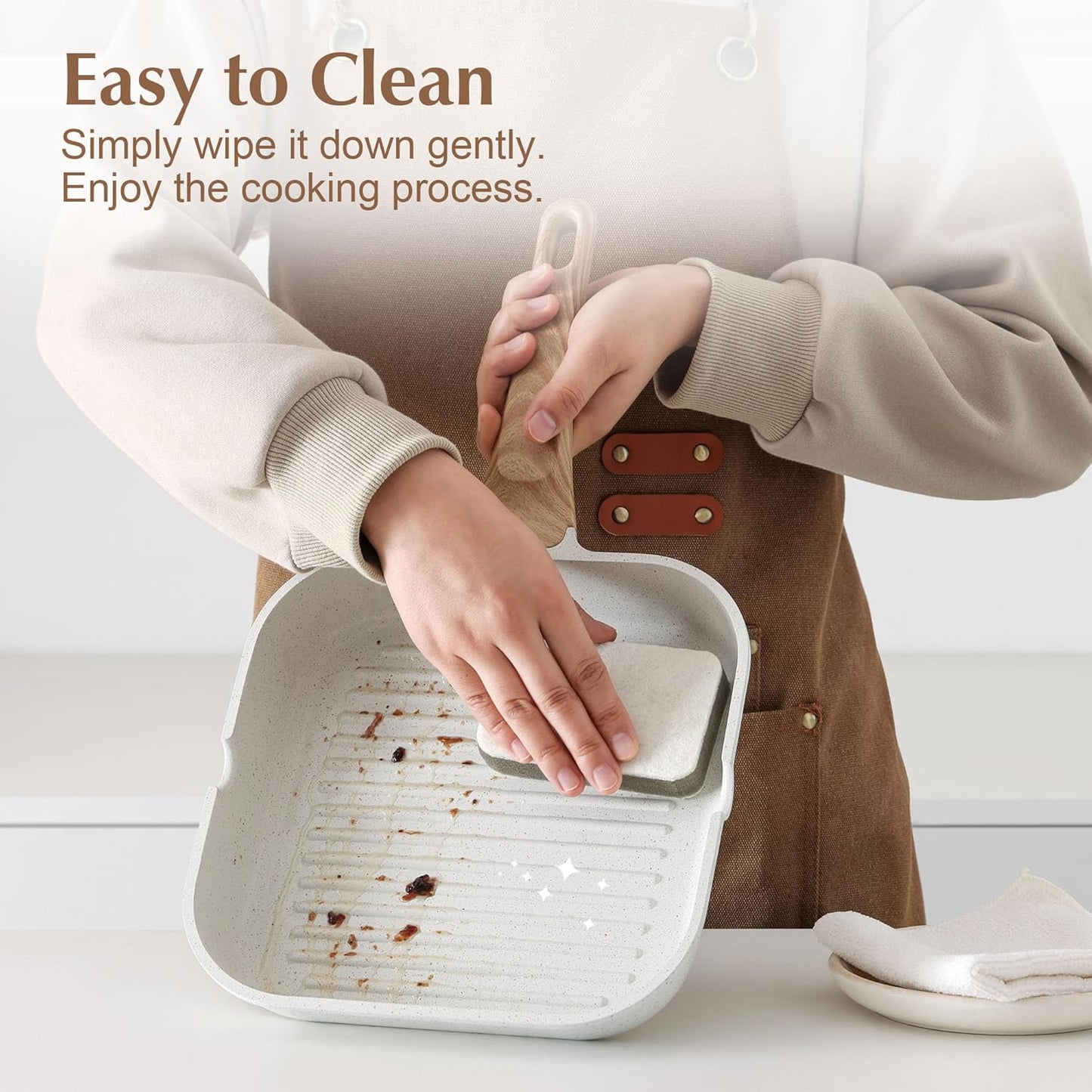 SENSARTE Nonstick Ceramic Grill Pan for Stove Tops, Versatile Square Grilling Pan with Pour Spouts, Durable Grill Skillet for All Stoves(Gas,Electric,Induction) Non Toxic-PTFE,PFAS,PFOA Free, 9.5Inch