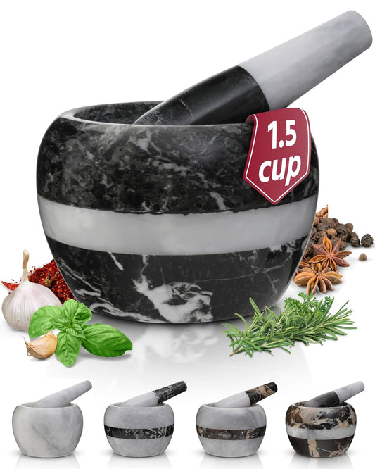 Gusto Nostro Natural Marble Mortar and Pestle Set Small| 4 Inch - 1.5 Cup | Mini Mortar Pestle Set for Grinding Herbs, Nuts, Grains | Pesto Grinding and Guacamole Stone Bowl | Marble Spice Crusher