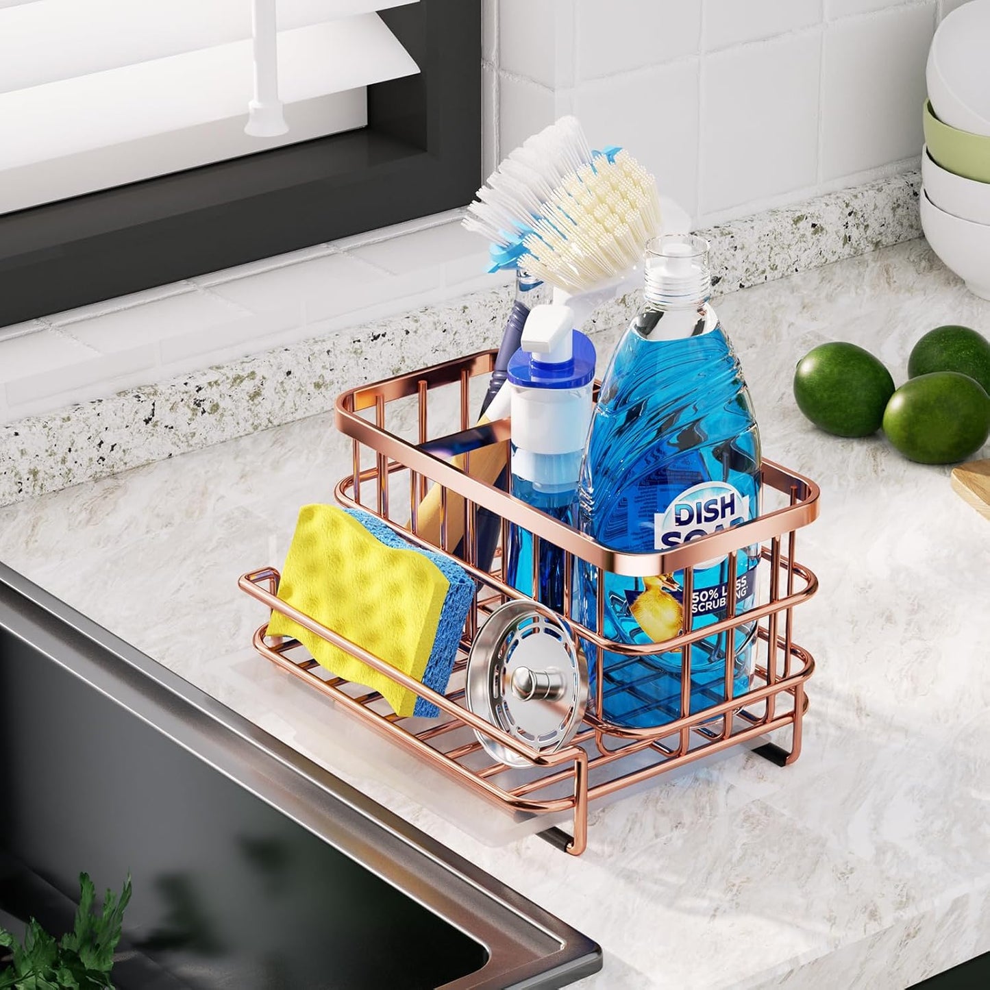 HapiRm Multifunctional Kitchen Sink Organizer, Large Sink Caddy with Drain Tray, SUS304 Stainless Steel Rustproof Sponge Holder for Kitchen Countertop - Rose Gold