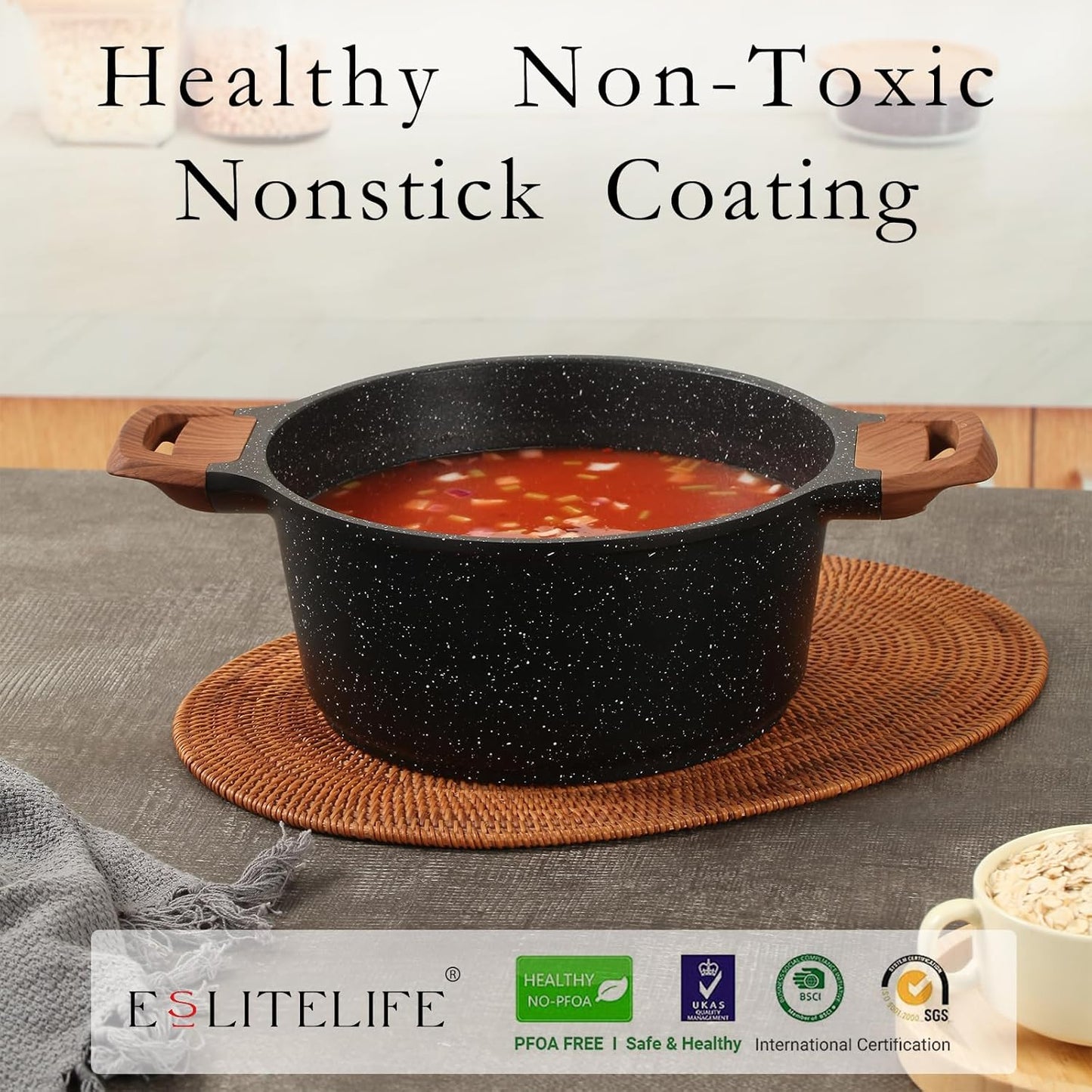 ESLITE LIFE Nonstick Stock Pot with Lid, 5 Quart Granite Casserole Large Soup Pot Pasta Cooking Pot, Induction Compatible, PTFE & PFOA Free, Black