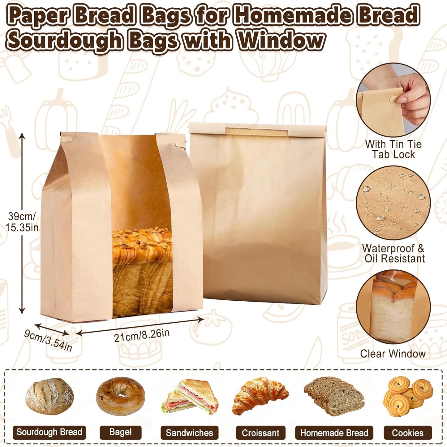 Reusable Bread Bags for Homemade Bread Sourdough, 2 Pack XL Bread Bag with Zipper, 10 Pcs Large Paper Bags with Window, Beeswax-Lined Cotton Storage Bags to Keep Fresh, Freezer Safe Eco-Friendly
