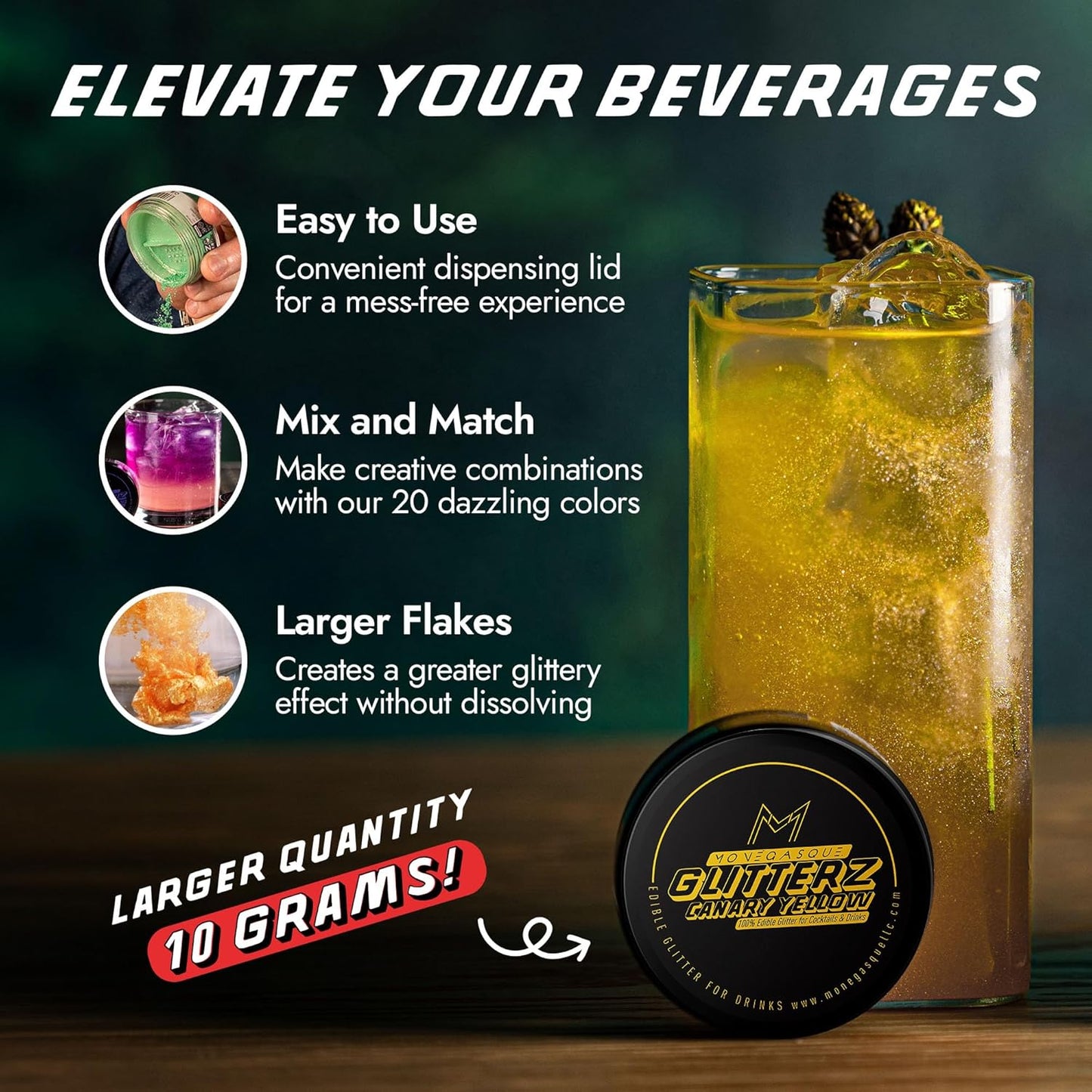 MONÉGASQUE Canary Yellow Edible Glitter for Drinks 10g – Yellow Edible Glitter for Cakes & Cocktails – Halloween Cocktail Drink Shimmer Flakes - Food Decorating & Cake Decorations Spray Dust