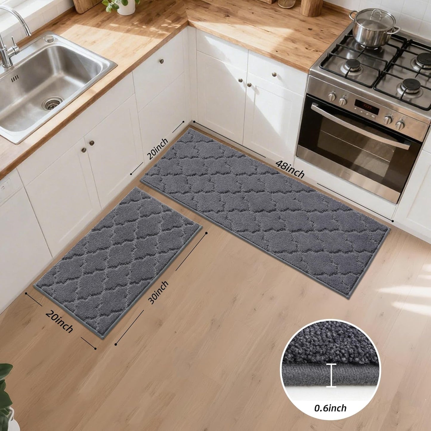 JSEI Kitchen Rugs, Non-Slip Kitchen Mats for Floor, Soft Washable Absorbent Kitchen Mats 2 Pieces, Kitchen Carpet Runner with TPR Backing, Polyester, 20”x32”+20”x48”, Dark Grey