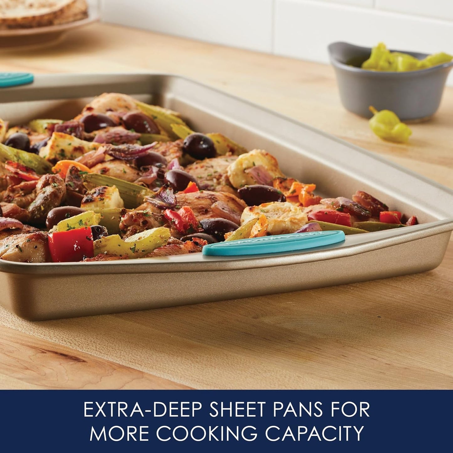 Rachael Ray Cucina Bakeware Set Includes Nonstick Bread Baking Cookie Sheet and Cake Pans, 5 Piece, Latte Brown with Agave Blue Grips